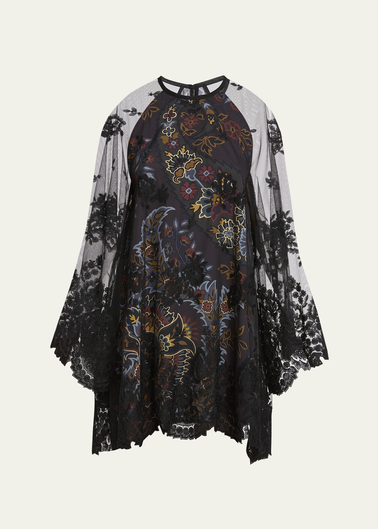 Printed Floral Embroidered Kimono Sleeve Mini Dress - 1