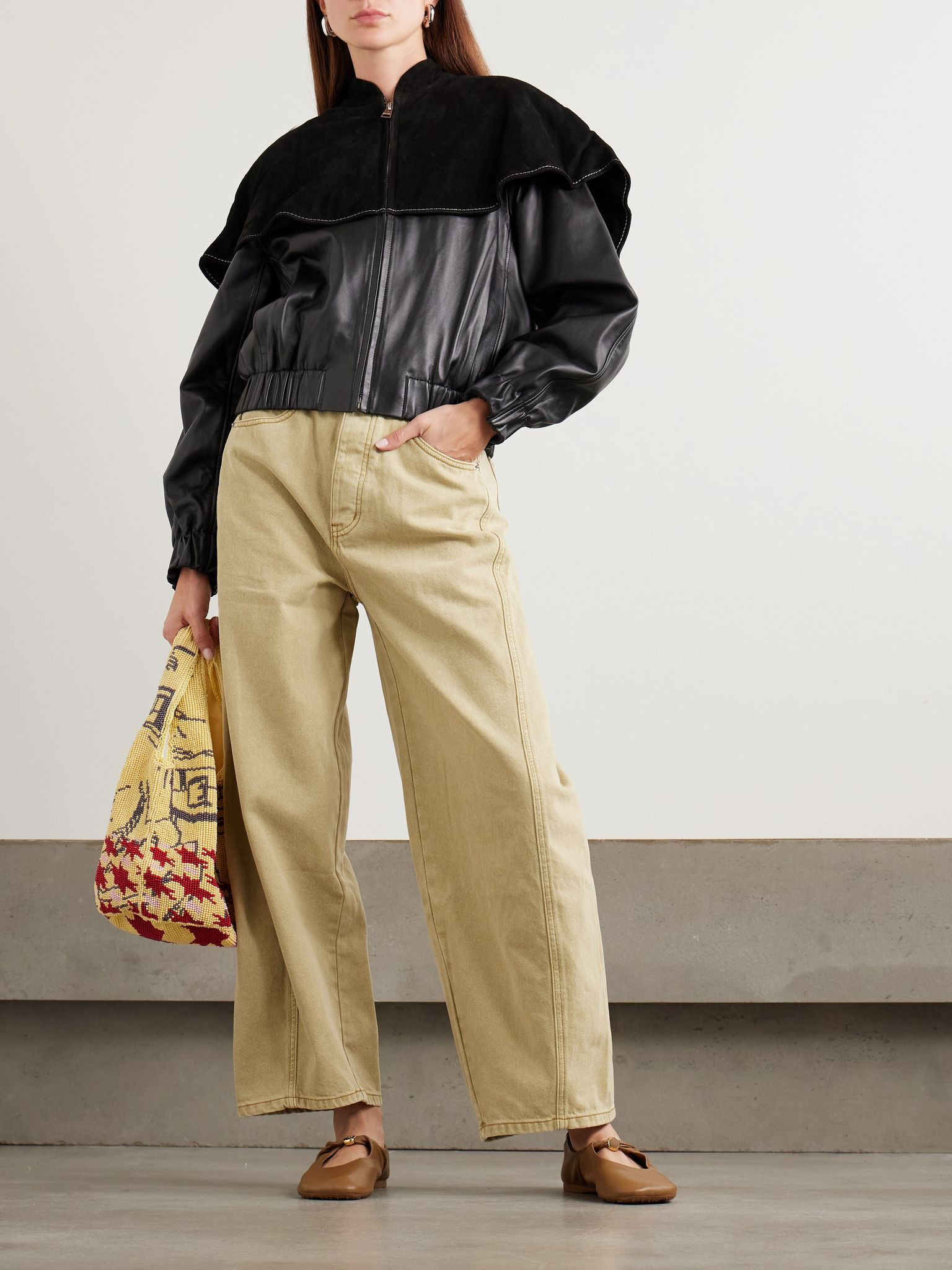 Padded suede and leather bomber jacket Black - 2