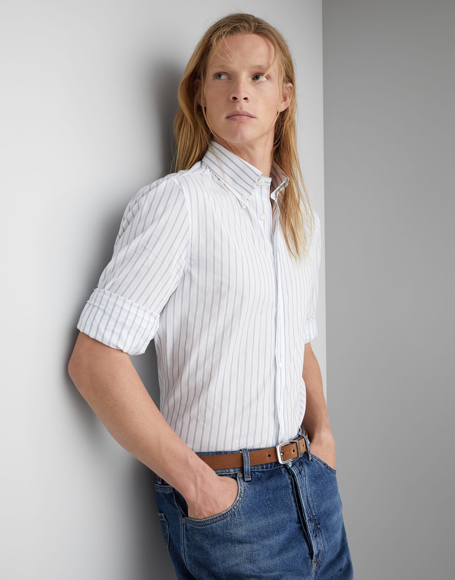 Textured striped cotton slim fit shirt with button-down collar - 4