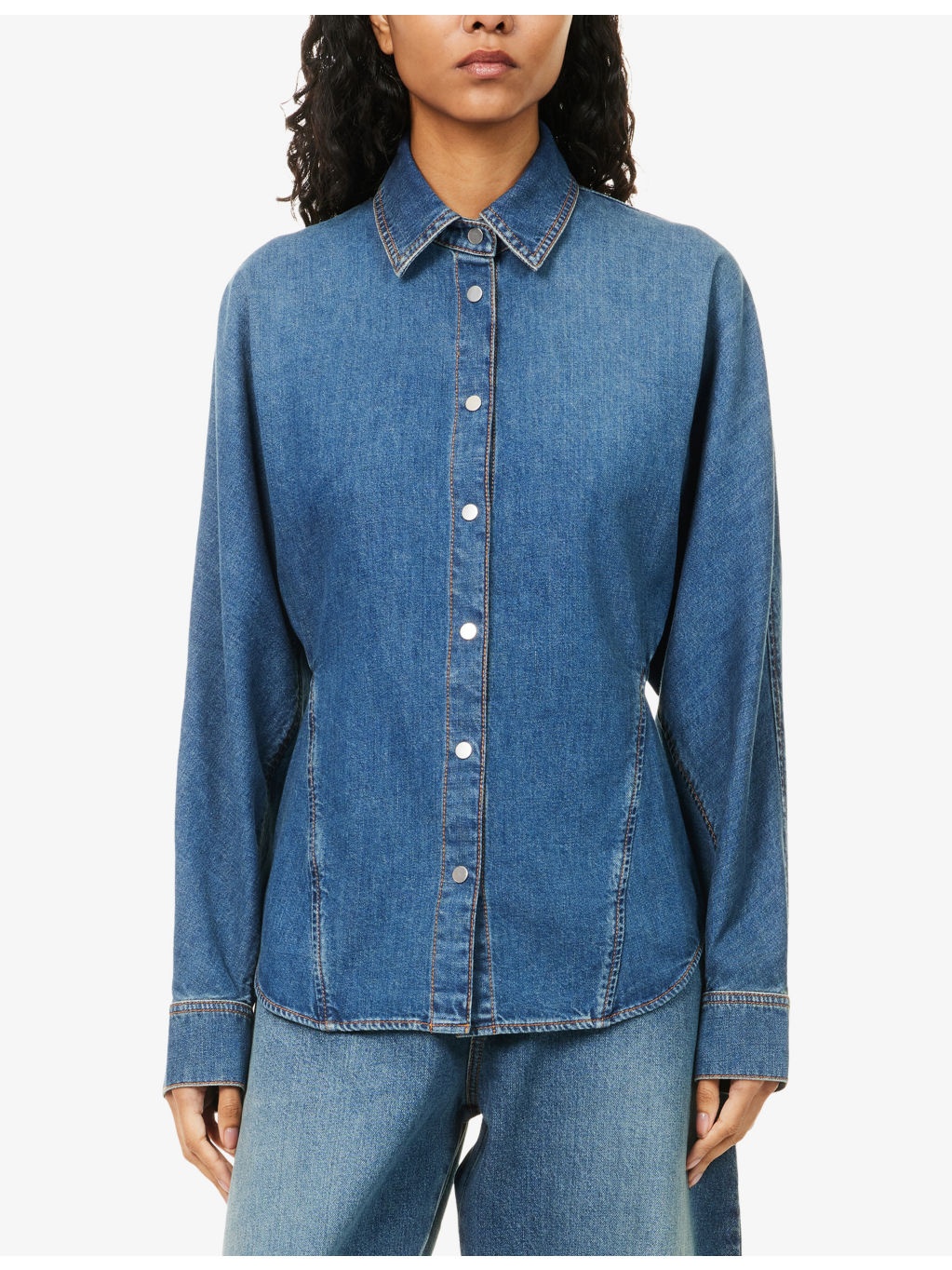 Pointed-Collar Curved Denim Shirt - 3