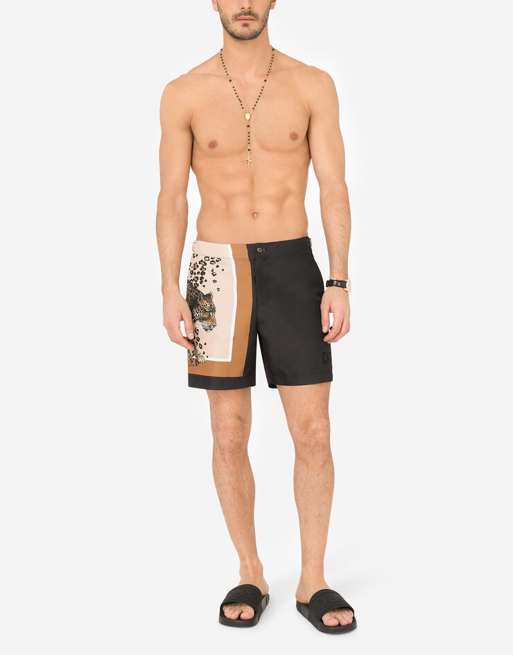 Mid-length swim shorts with leopard print and DG logo - 2