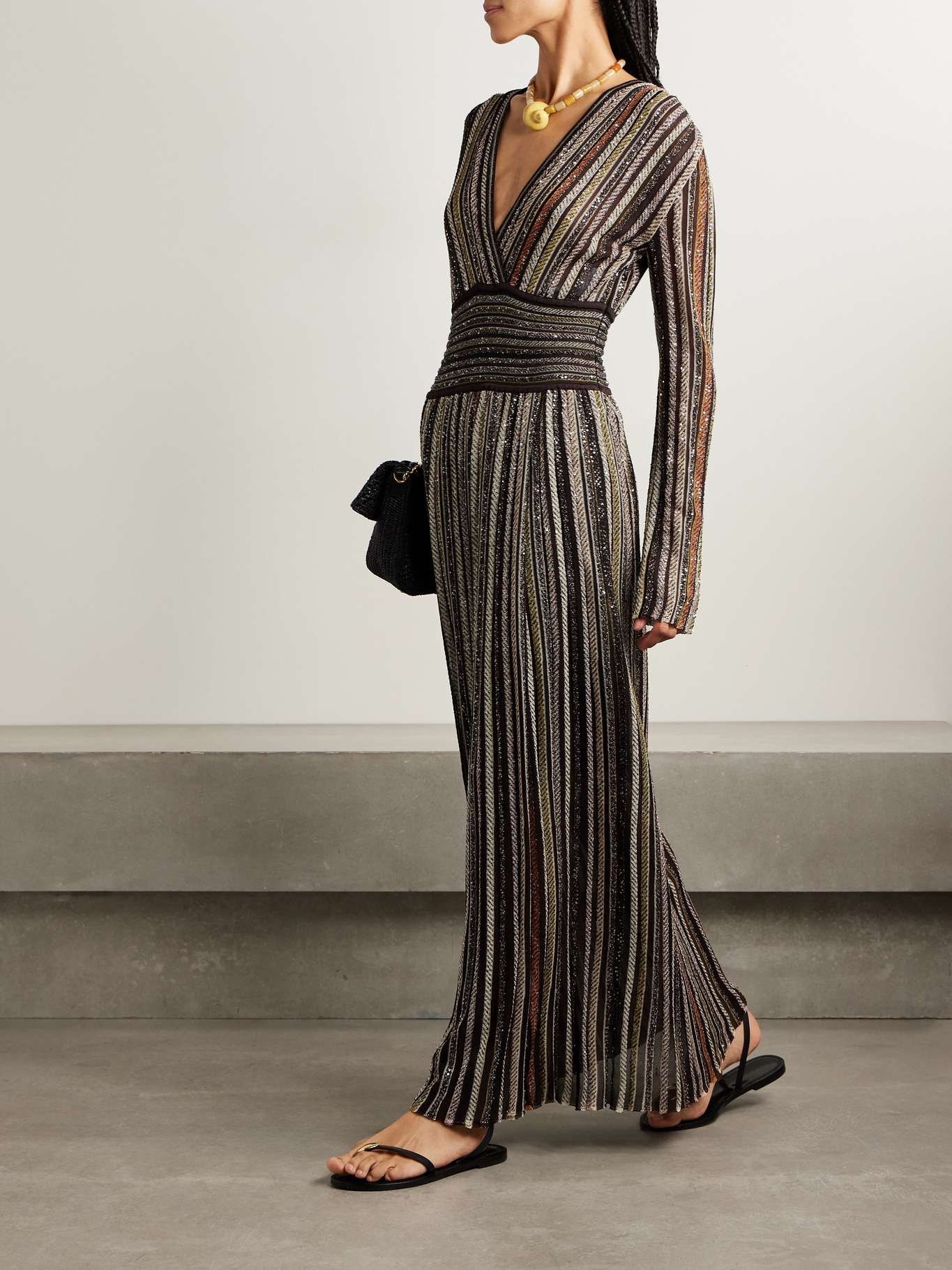 Wrap-effect sequin-embellished striped jersey maxi dress Black - 2