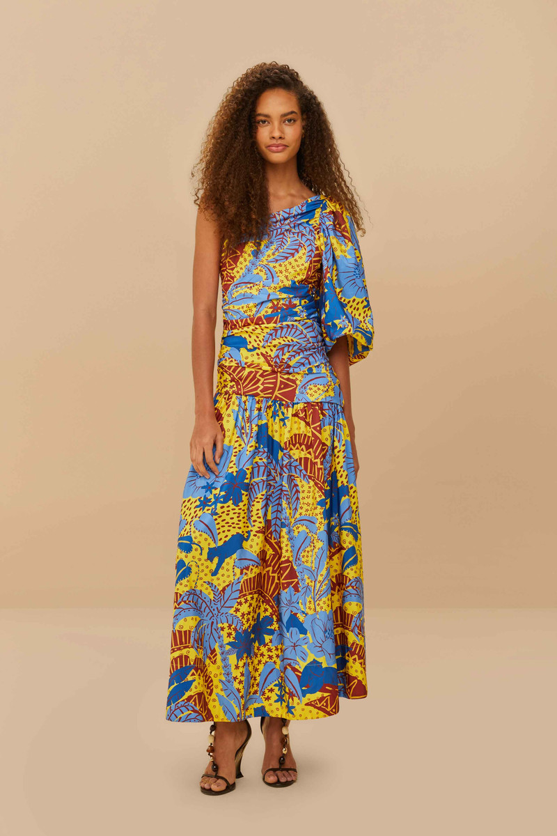 Yellow Jungle Panther One-Shoulder Midi Dress 1