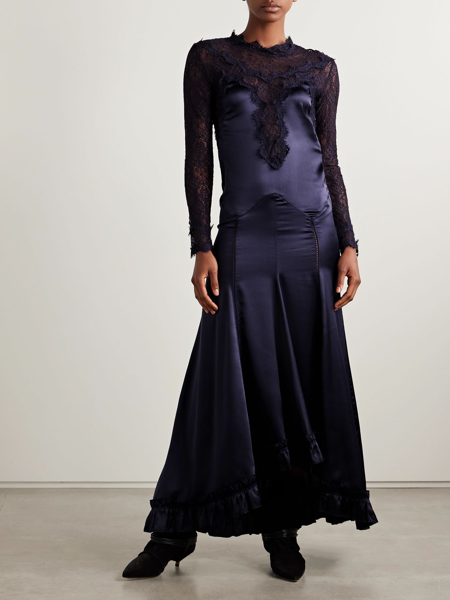 Dolores silk-blend satin and corded lace maxi dress Black - 3
