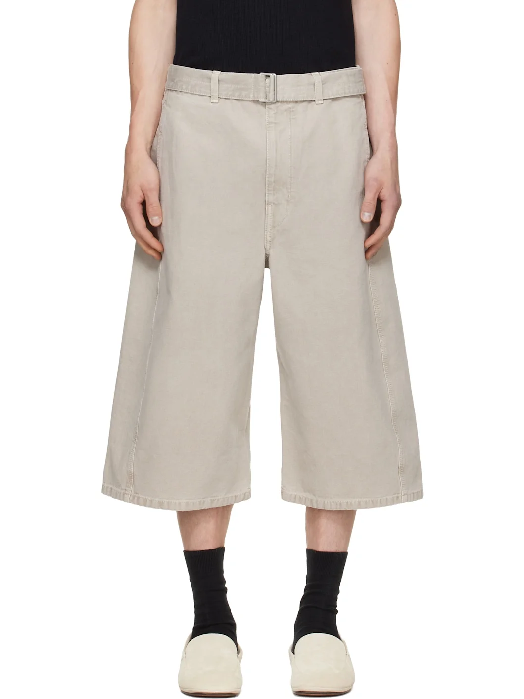 Taupe Wide-Leg Belted Denim Shorts - 1