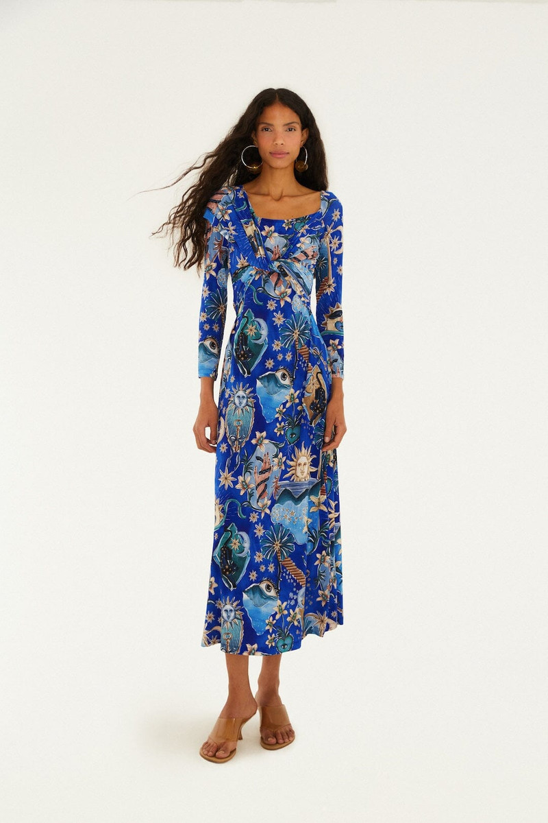 Blue Mystical Draped Long Sleeve Maxi Dress 1