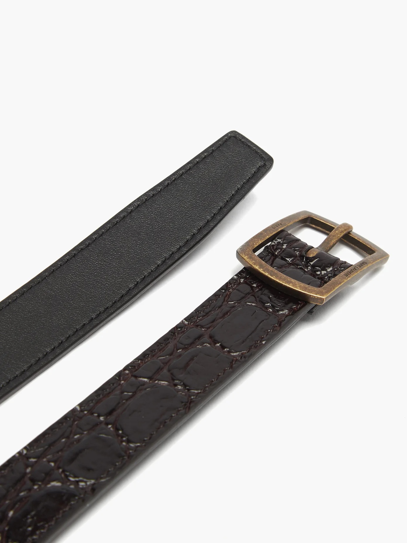 Crocodile-effect brown leather skinny belt - 4