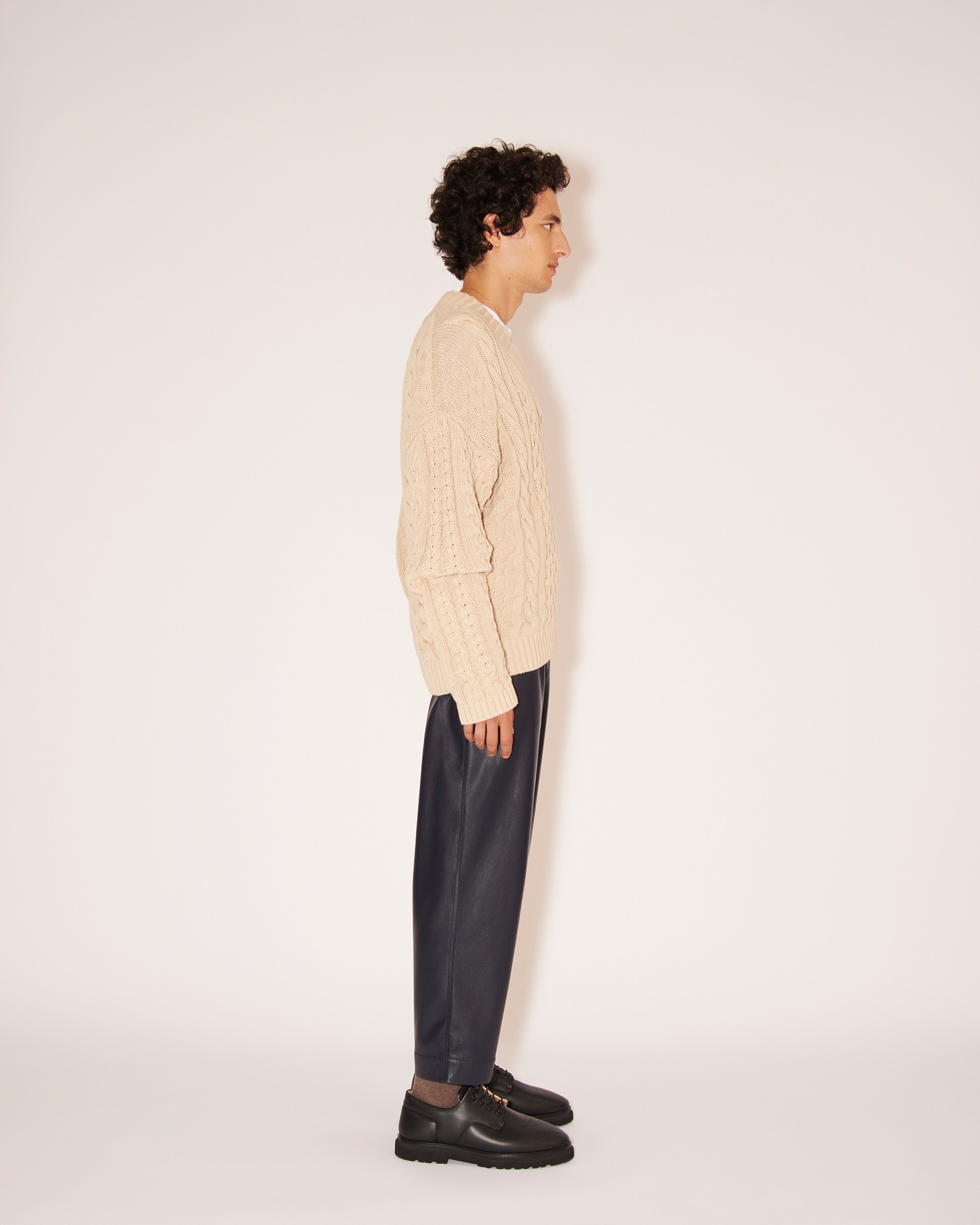 SYED - Cotton-cable oversized v-neck sweater - Pebble - 4