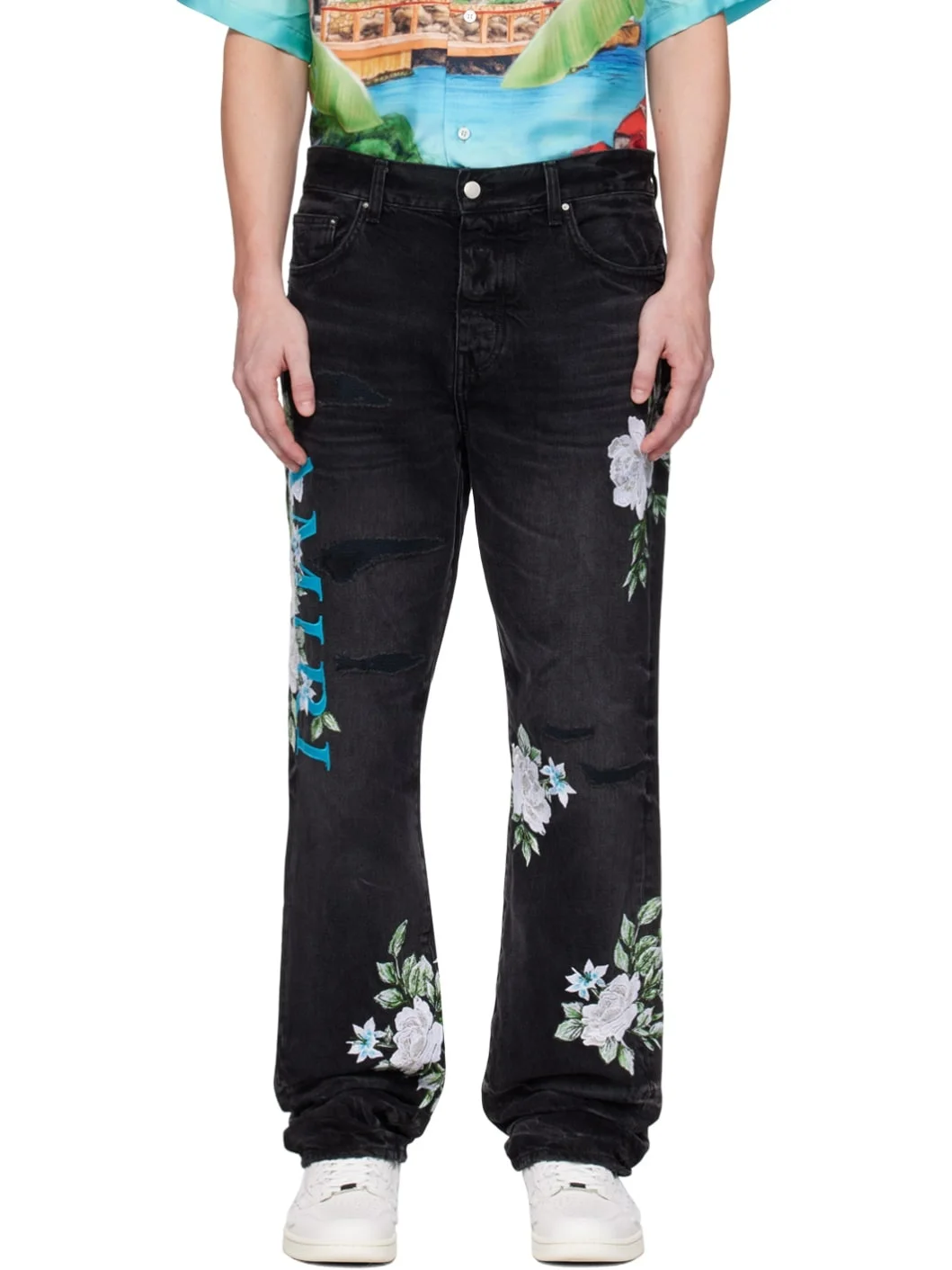 Black Embroidered Jeans - 1