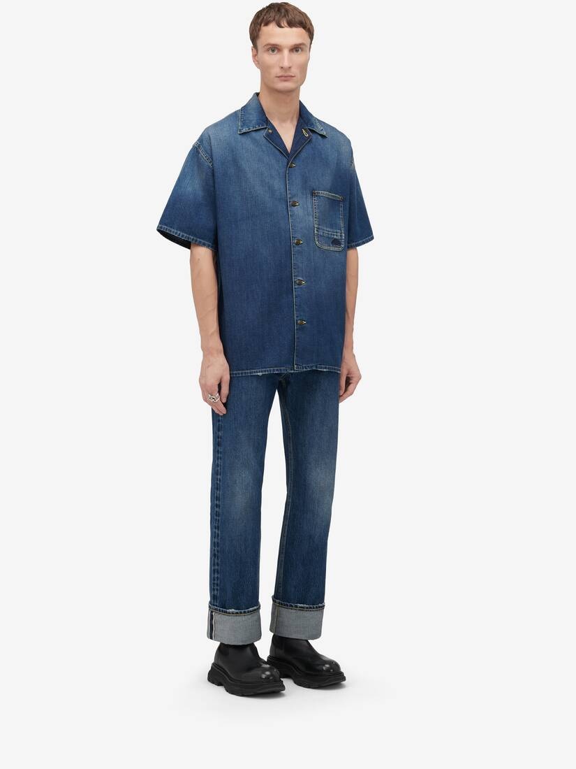 Men's Hawaiian Denim Shirt in Washed Blue - 3