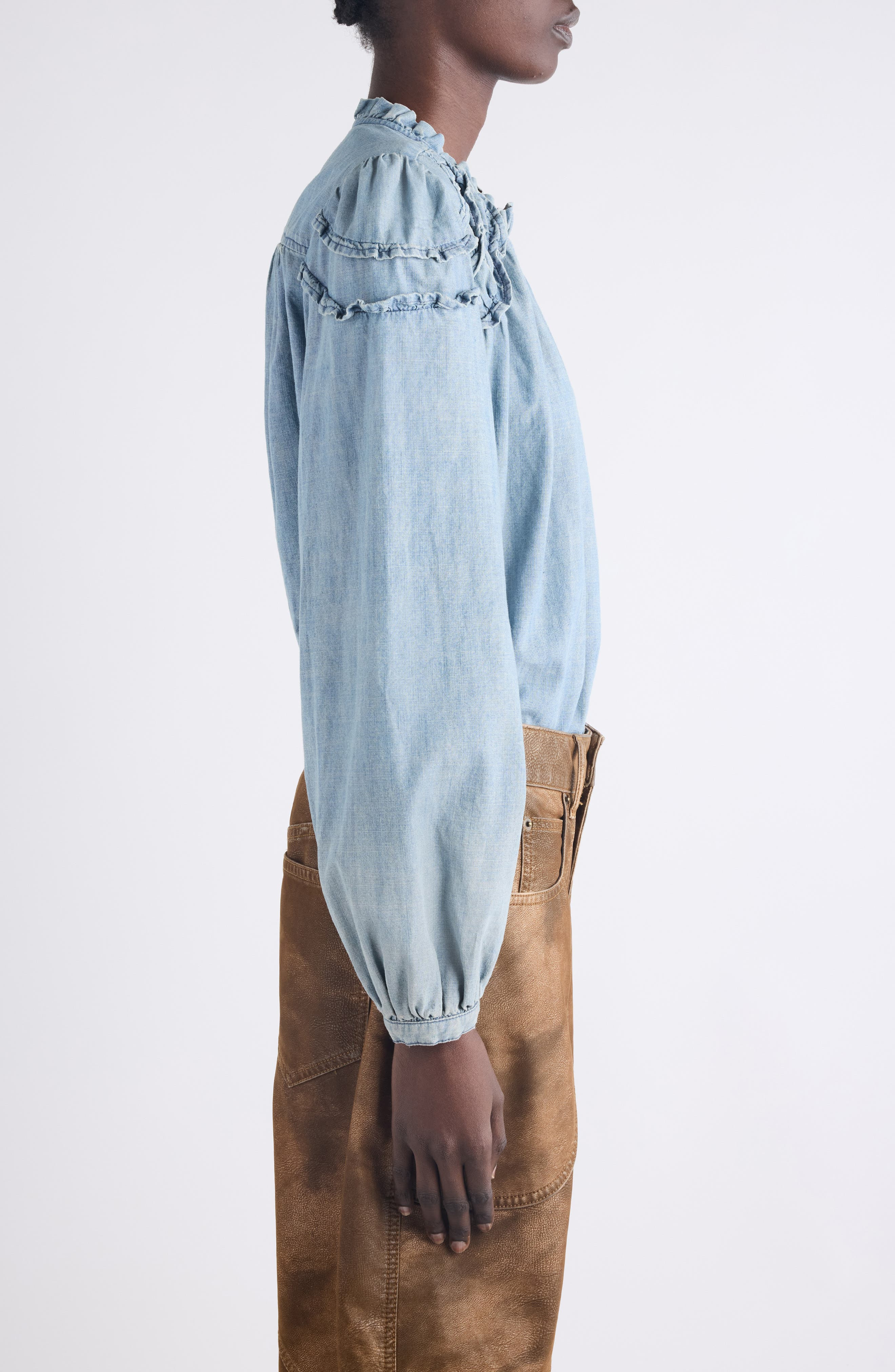 Isabel Marant Étoile Milya Ruffle Denim Button-Up Shirt in Blue at Nordstrom - 4