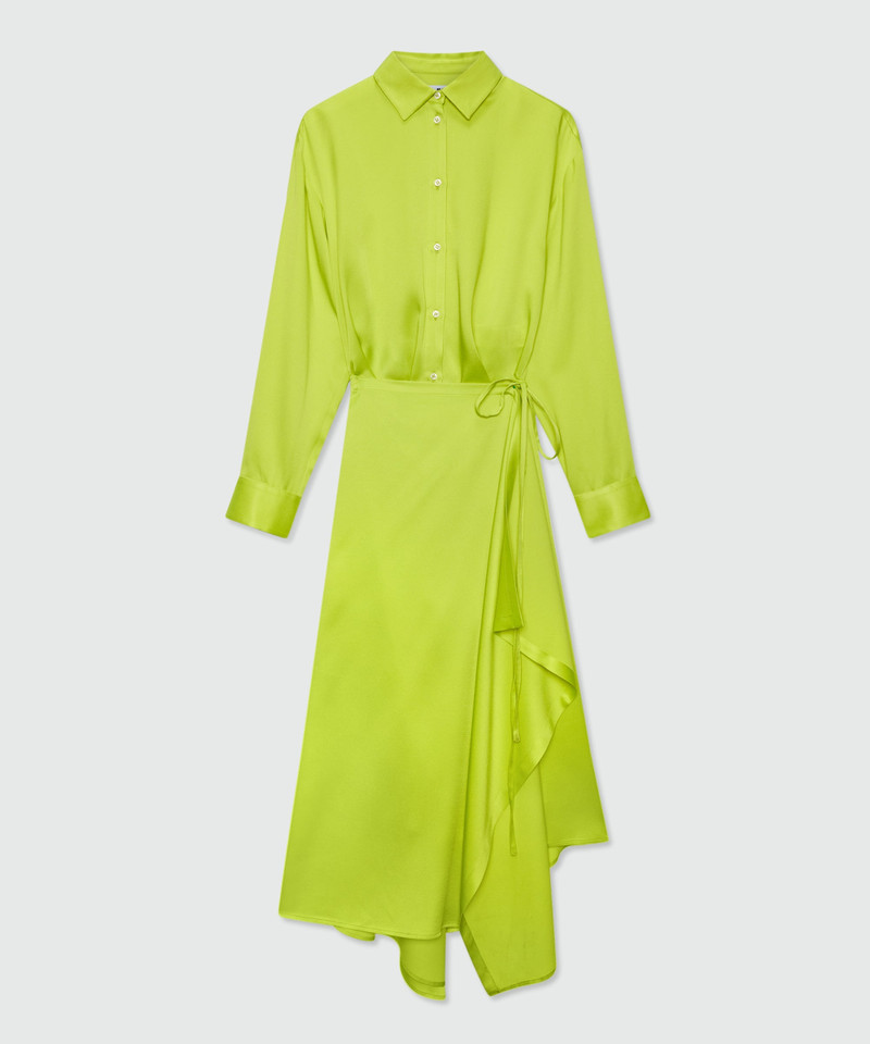 Lime satin midi dress with pareo-style skirt 1
