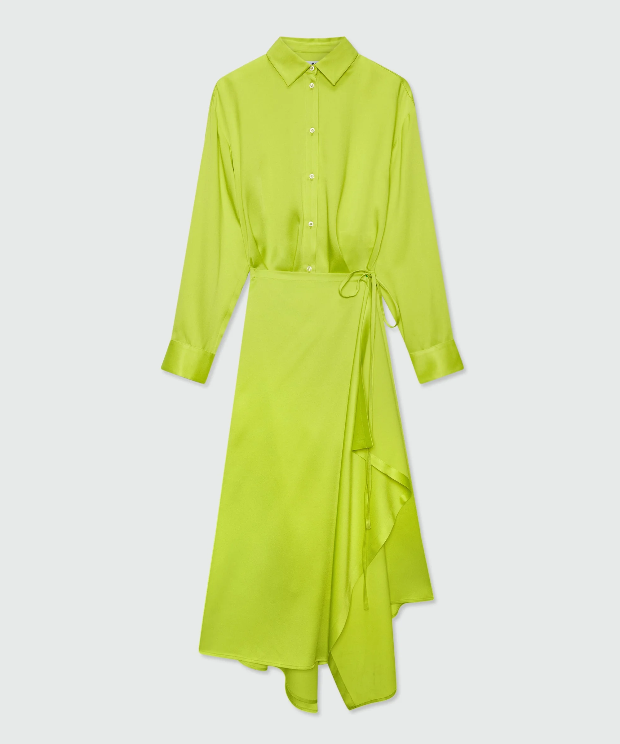 Lime satin midi dress with pareo-style skirt - 1