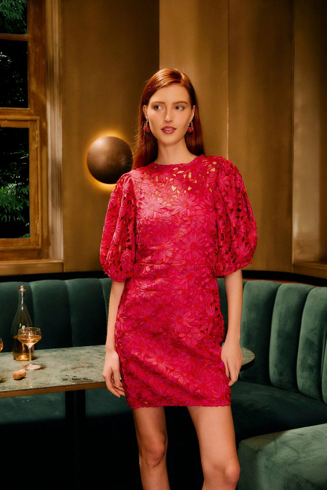 Pink Flowered Lace Puff Sleeve Lined Mini Dress - 1