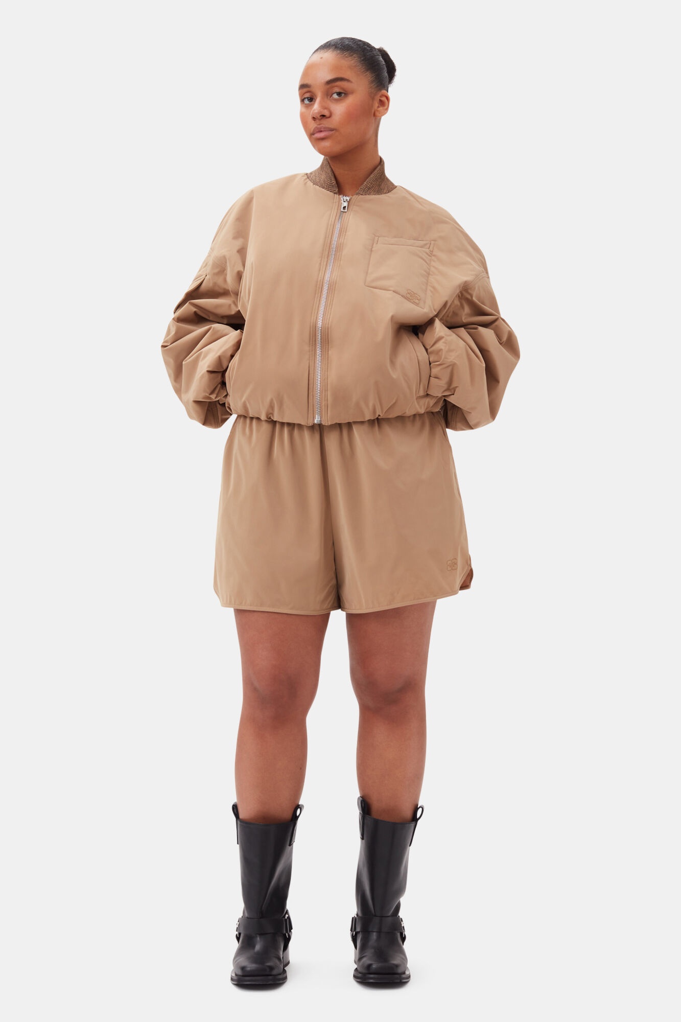 BROWN LIGHT TWILL OVERSIZED SHORT BOMBER JACKET - 7