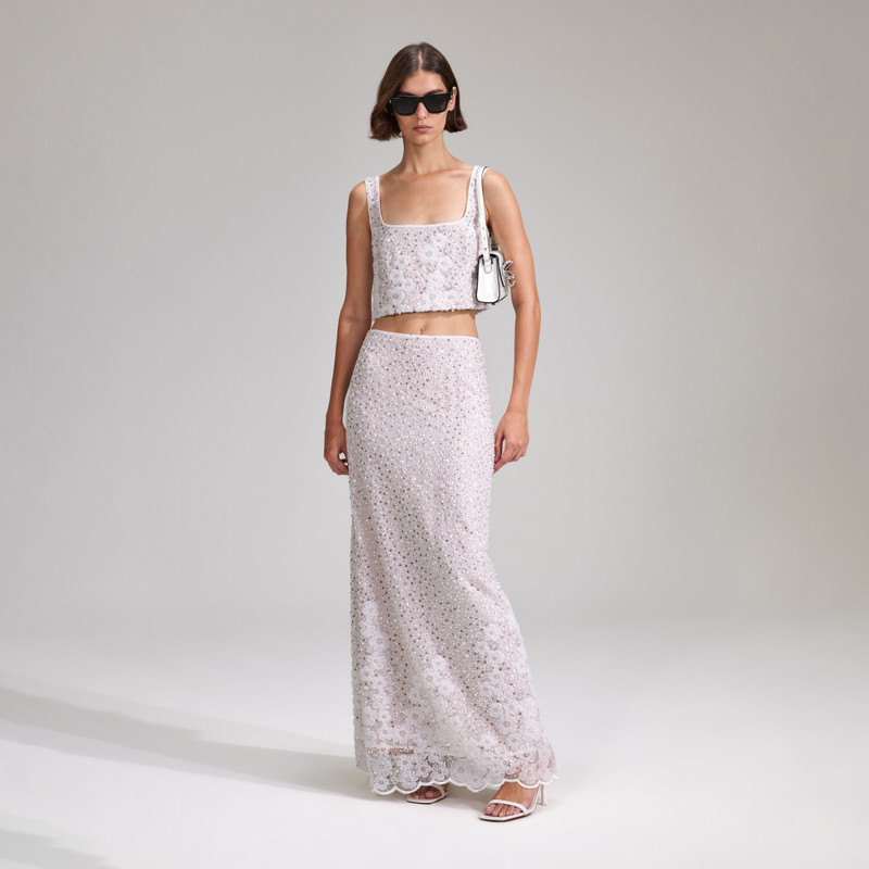 self-portrait White Beaded Sequin Maxi Skirt - SS23-162XSK-SQ | REVERSIBLE