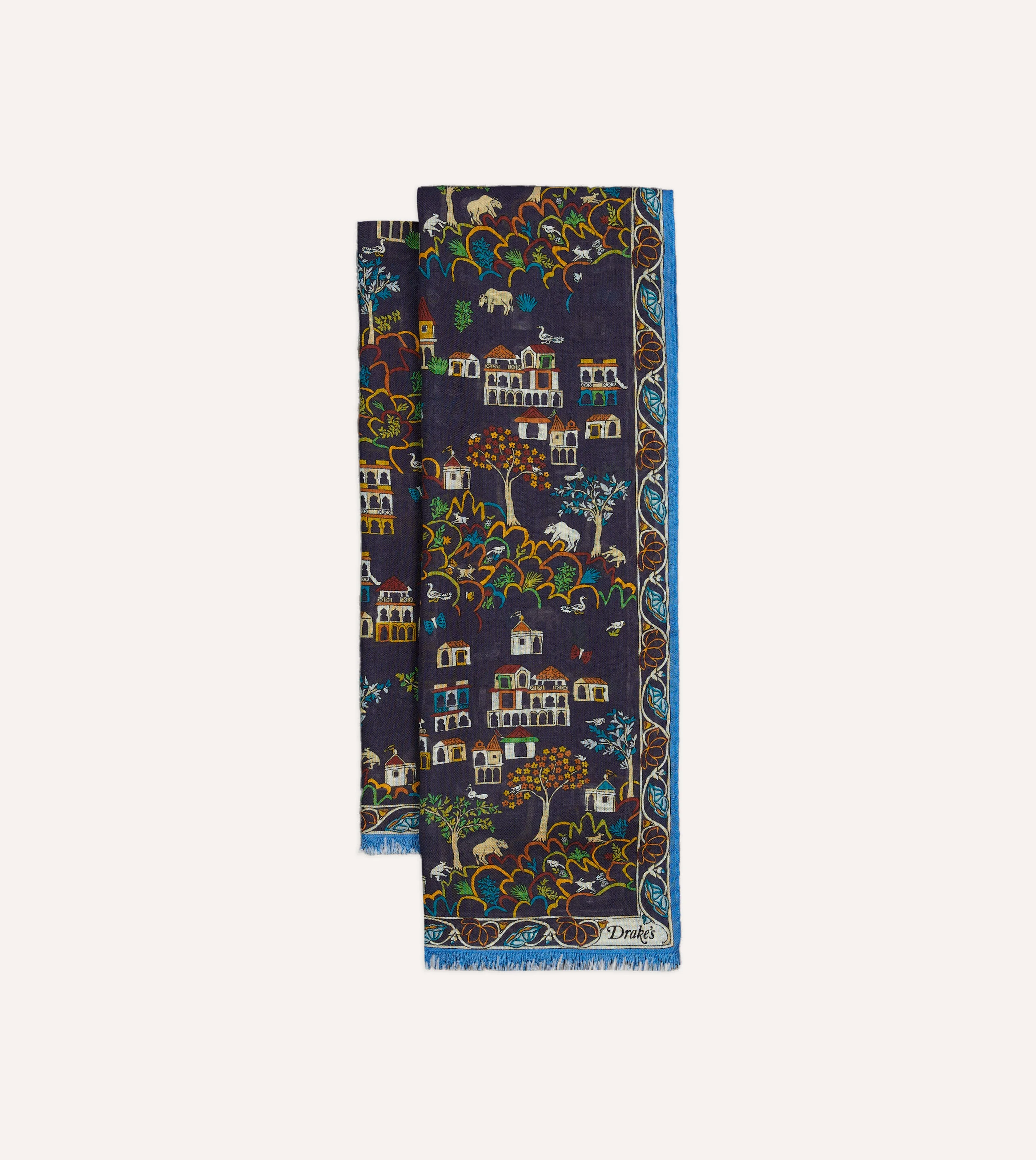 Navy Antique Village Print Wool Silk Scarf - 1