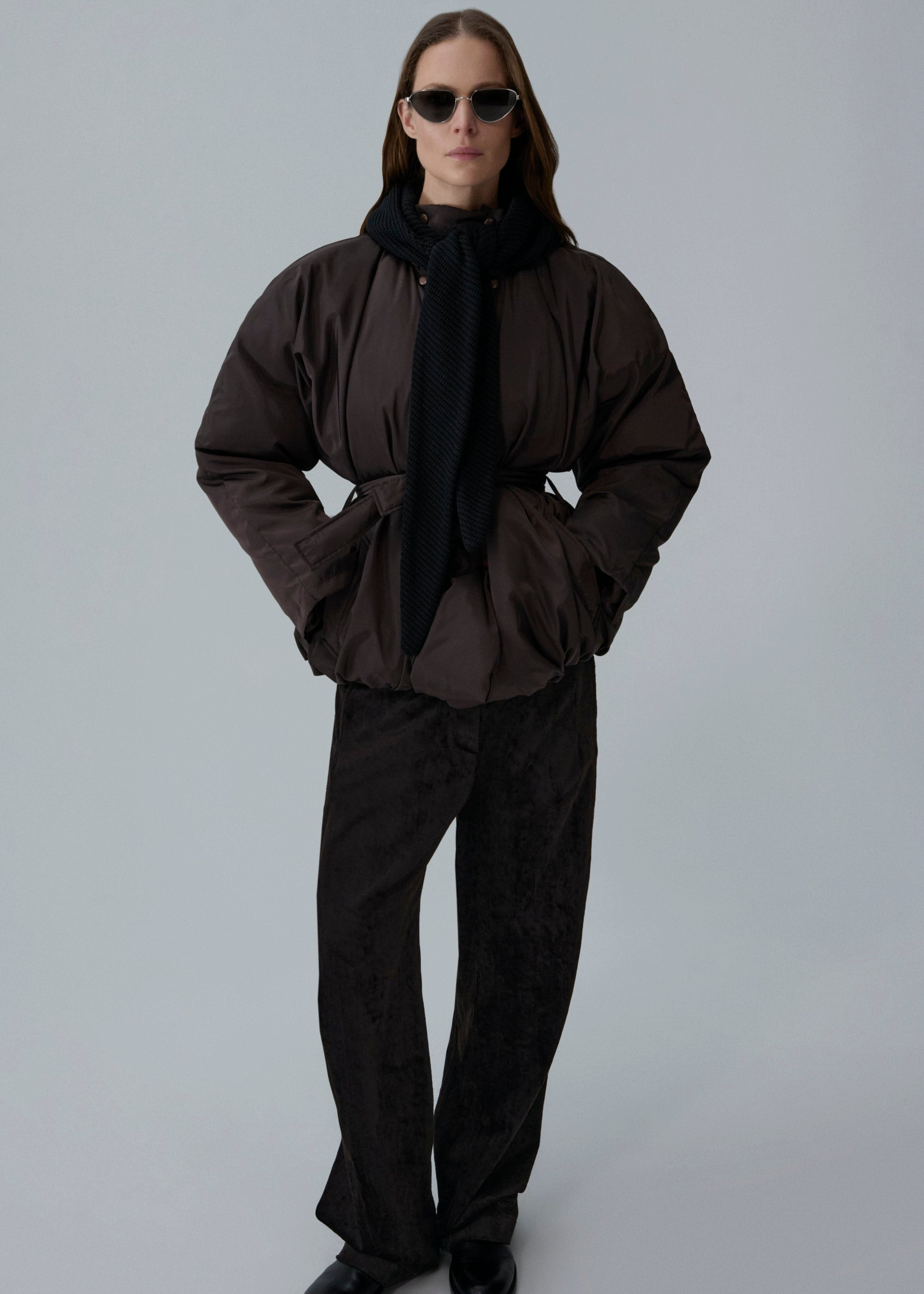 Knit hood puffer jacket in brown - 3