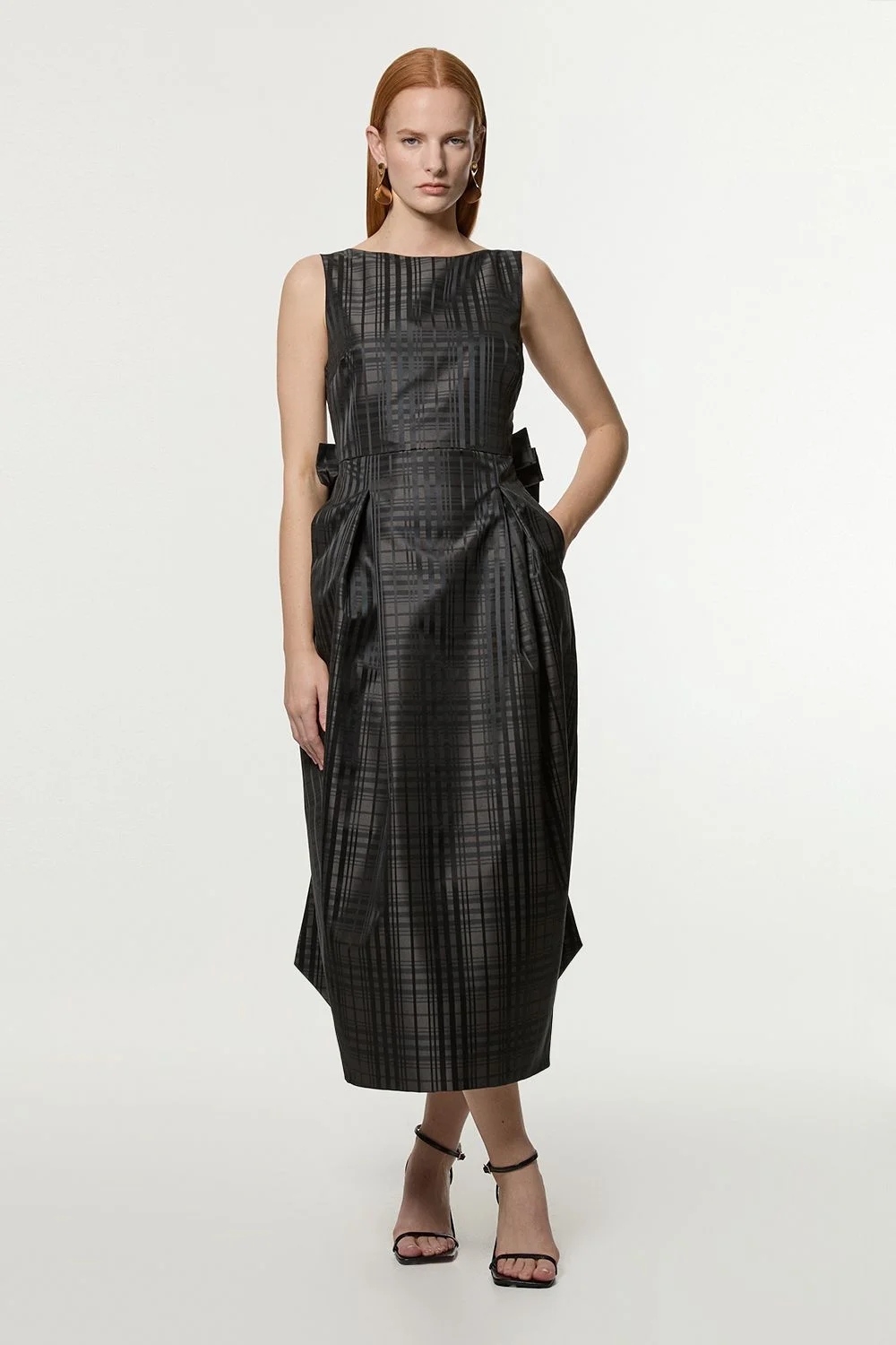 Petite Taffeta Check Bow Detail Tailored Maxi Dress - 1