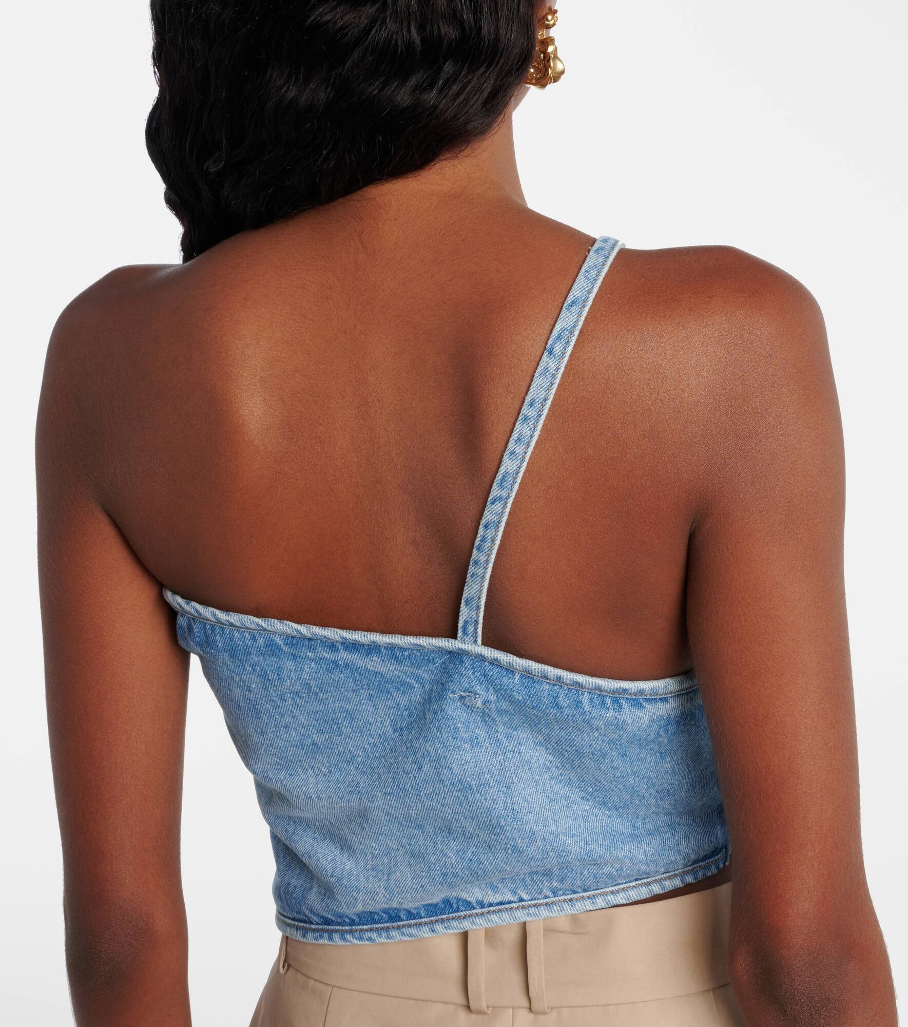 Draped one-shoulder denim top - 5