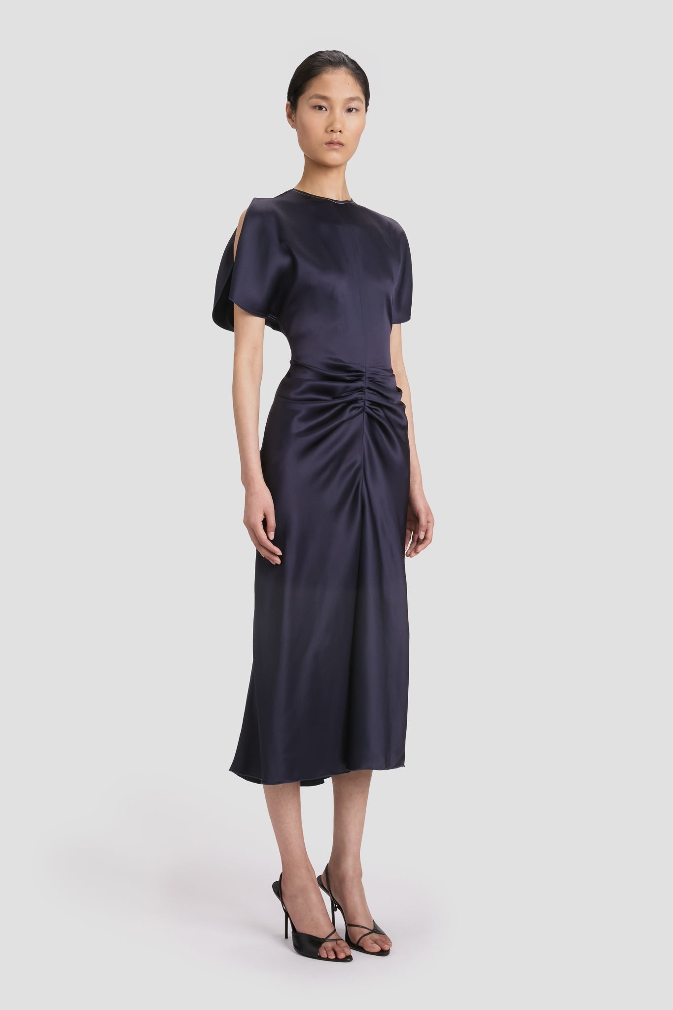 Gathered Waist Midi Dress In Midnight - 3