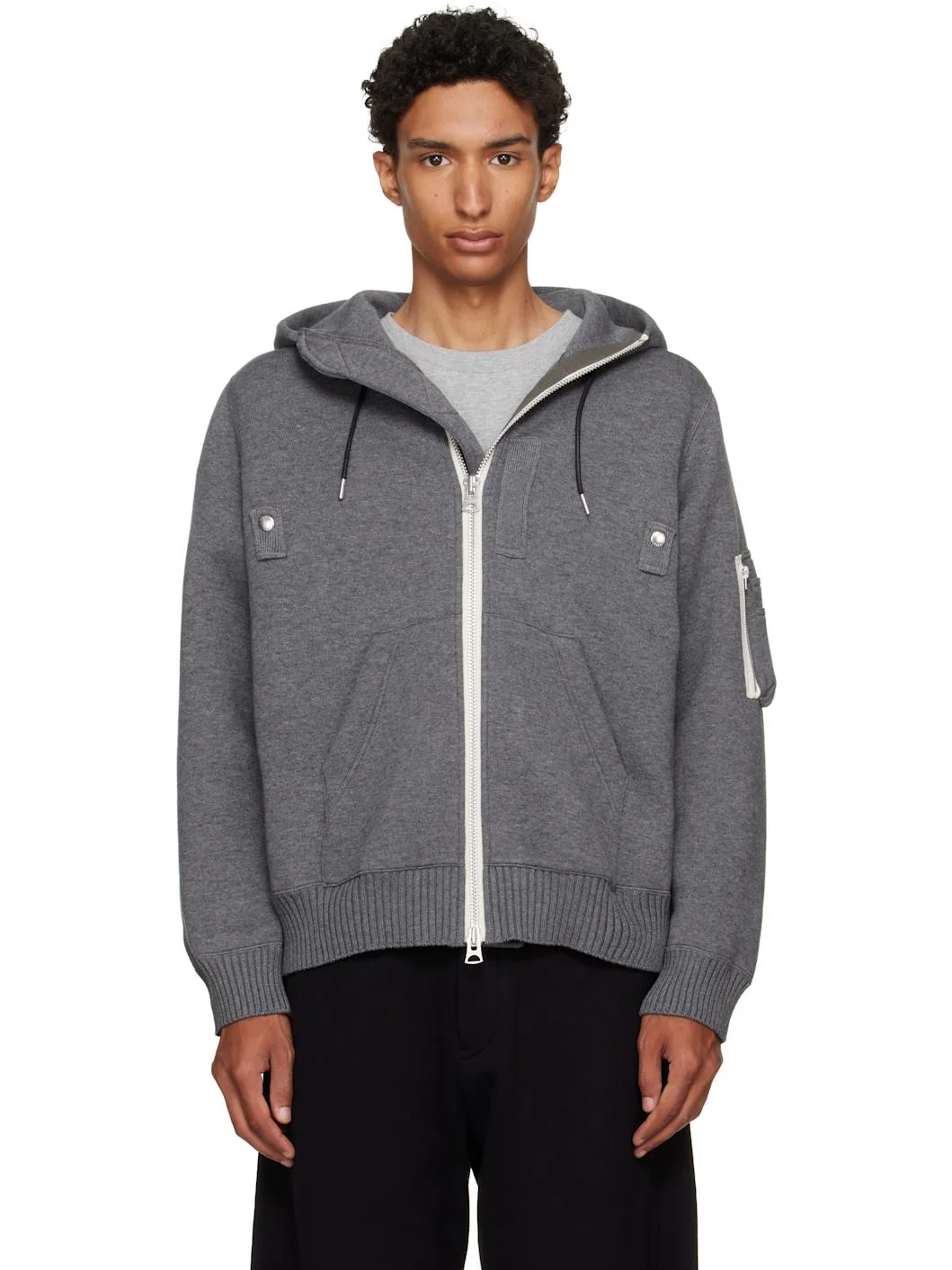 Gray Cotton Cashmere Knit Hoodie - 1