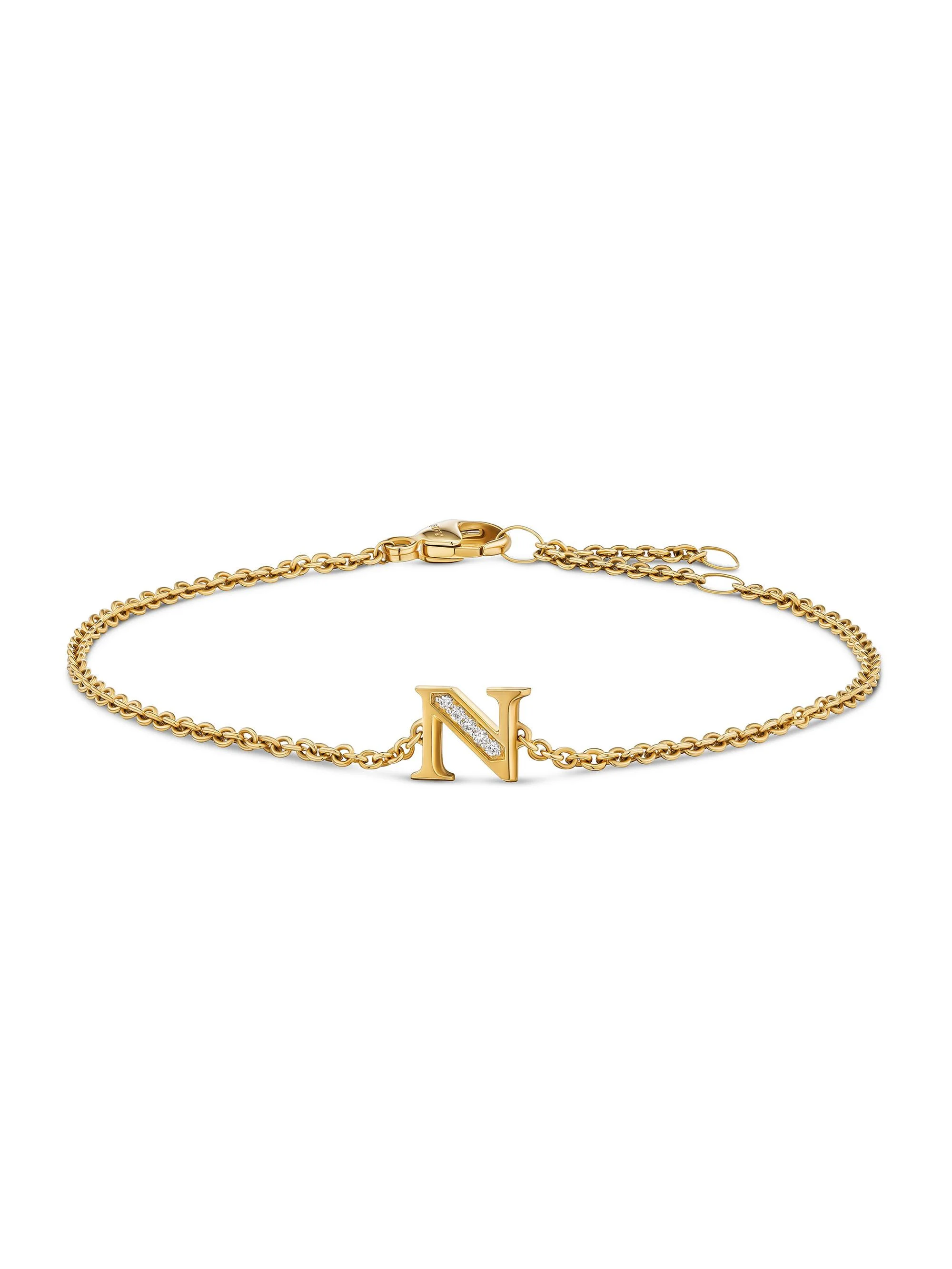 Women's Petite Pavé Initial Chain Bracelet in 18K Yellow Gold - Initial N - 1