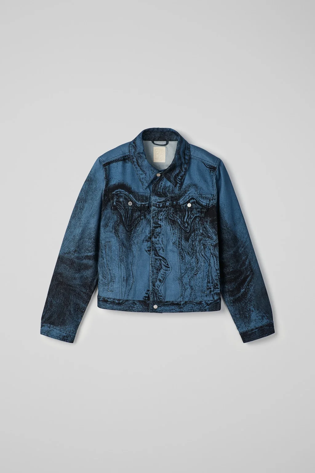 Dark Blue-Black Distorted Print Denim Jacket - 1