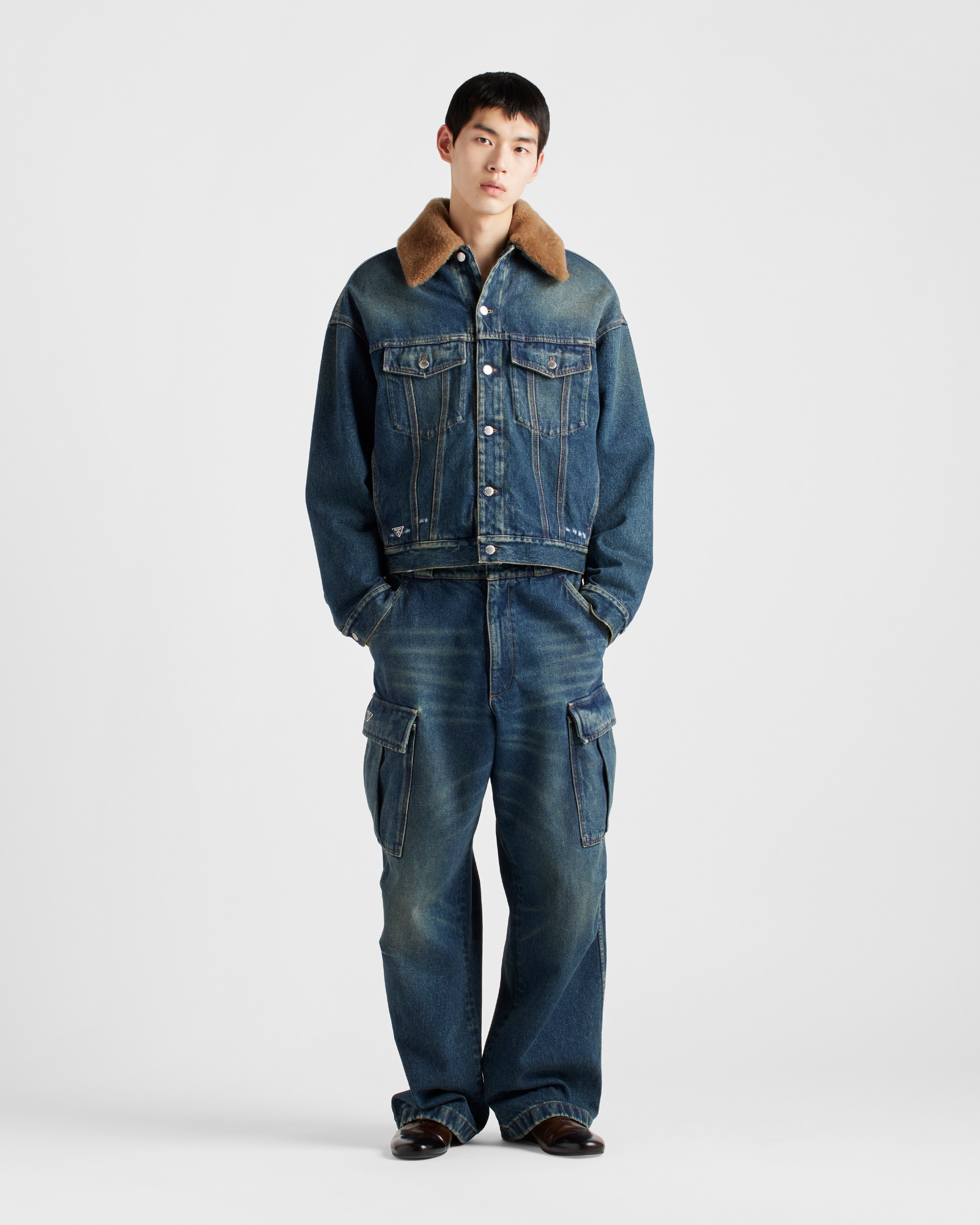 Padded denim blouson jacket with shearling collar - 2