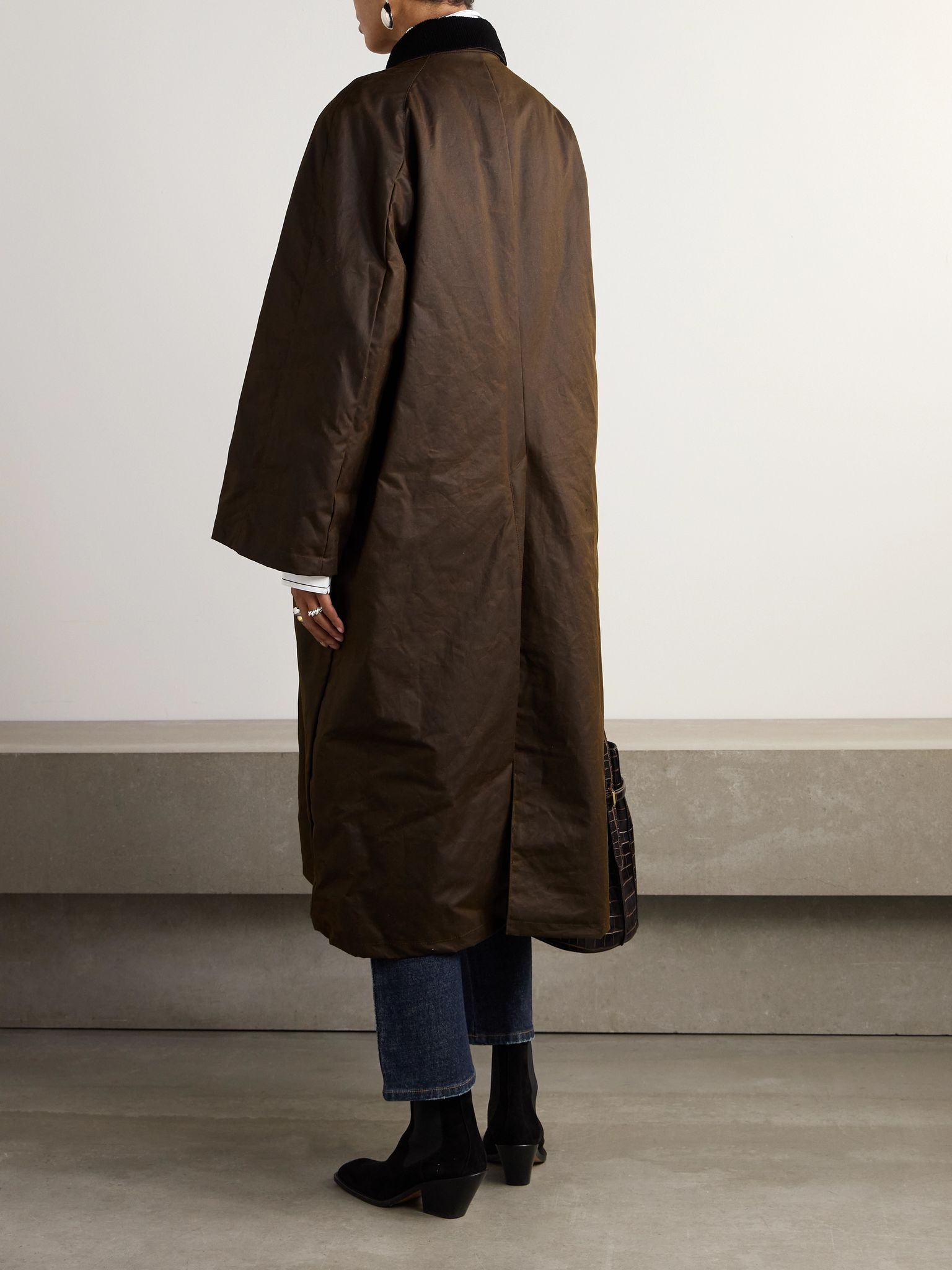 Corduroy-trimmed waxed organic cotton coat Brown - 4