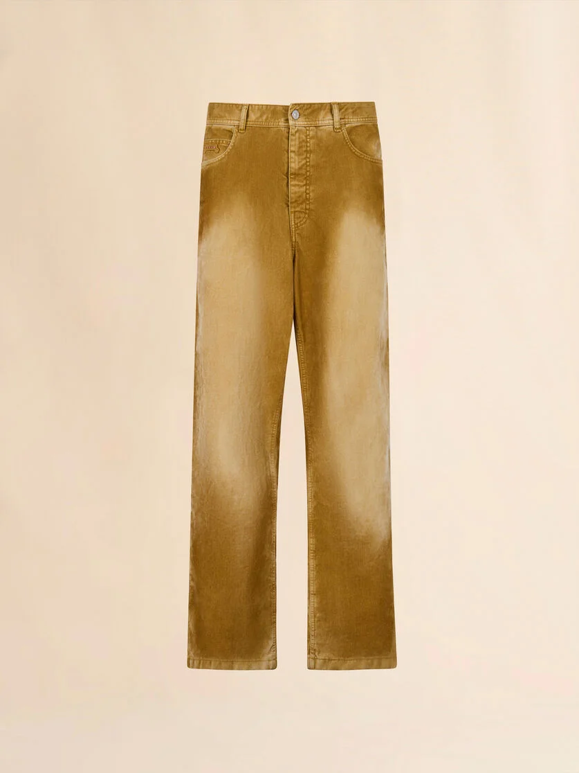 BROWN FLOCKED DENIM TROUSERS WITH BACK ADJUSTER - 1