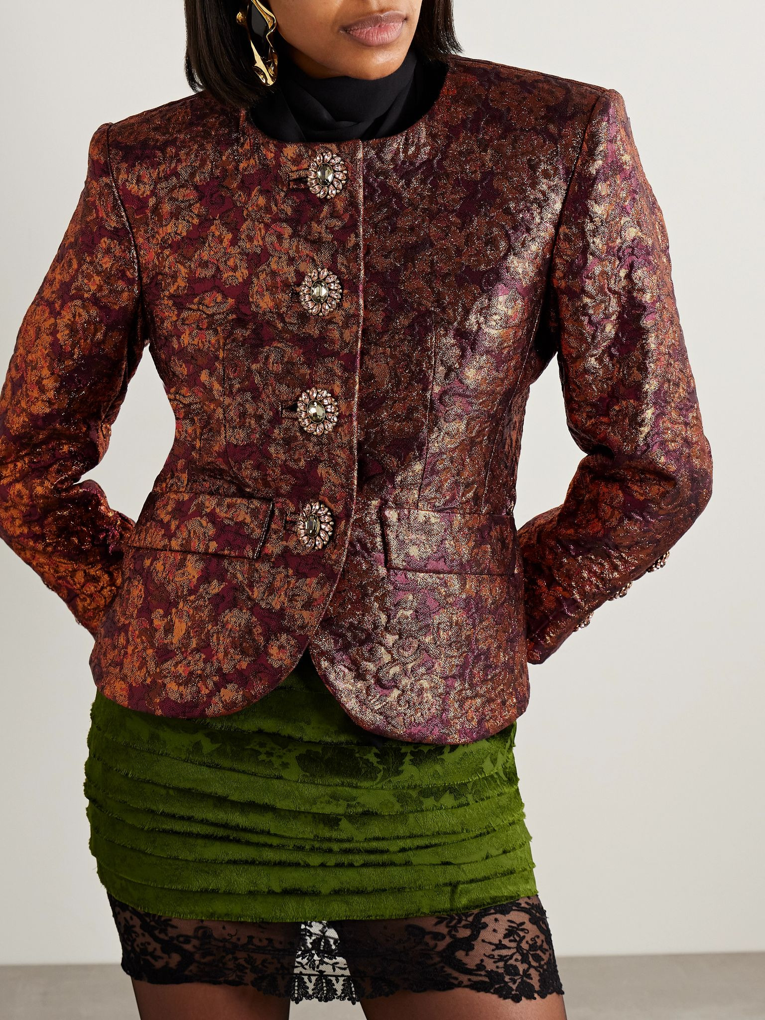 Crystal-embellished metallic wool-blend brocade jacket Metallic - 3