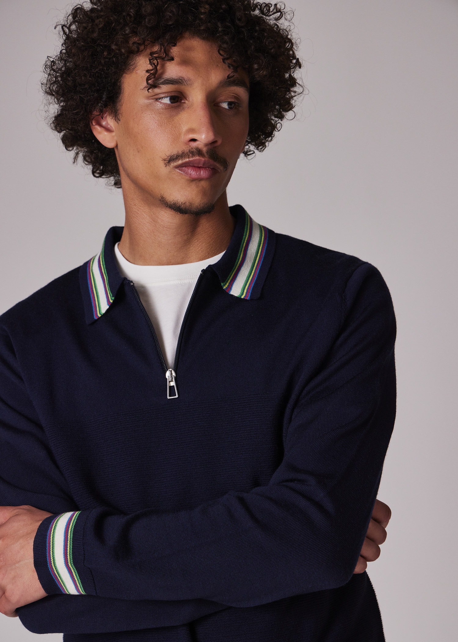 Navy Wool-Cotton Zip Neck Knitted Polo Shirt - 3