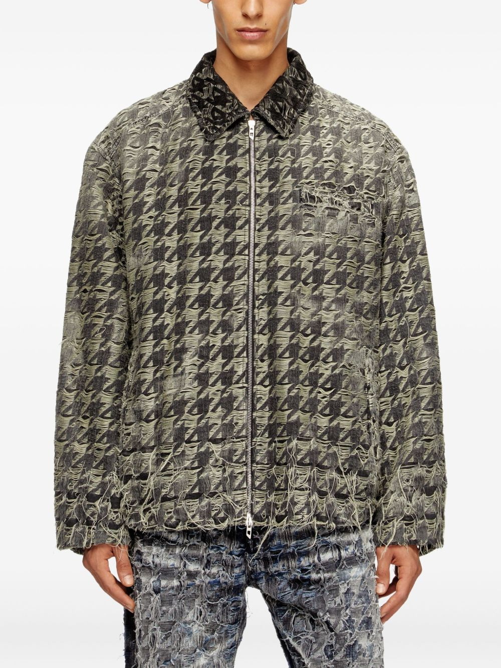 houndstooth-pattern frayed-edges denim jacket - 3