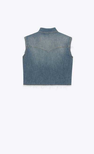 SAINT LAURENT cropped sleeveless shirt in dusty medium vintage blue denim outlook