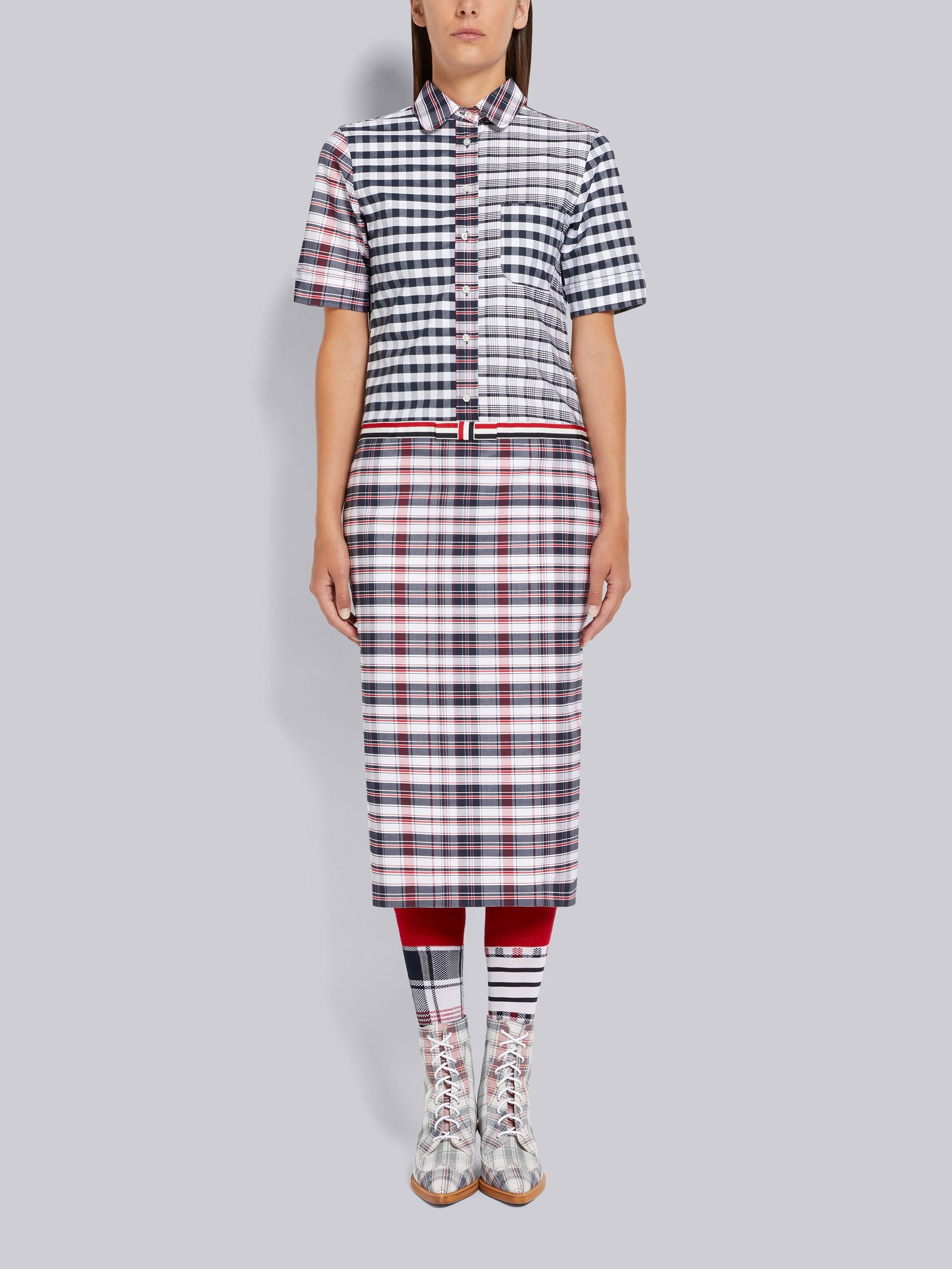 Multicolor Fun-Mix Stripe Plaid and Gingham Check Oxford Short Sleeve Below the Knee Shirtdress - 1