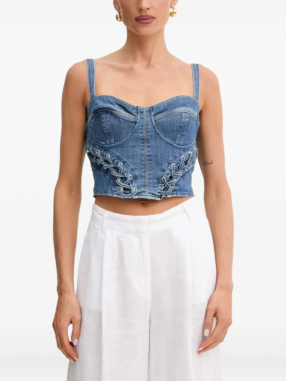 lace-up denim top - 1