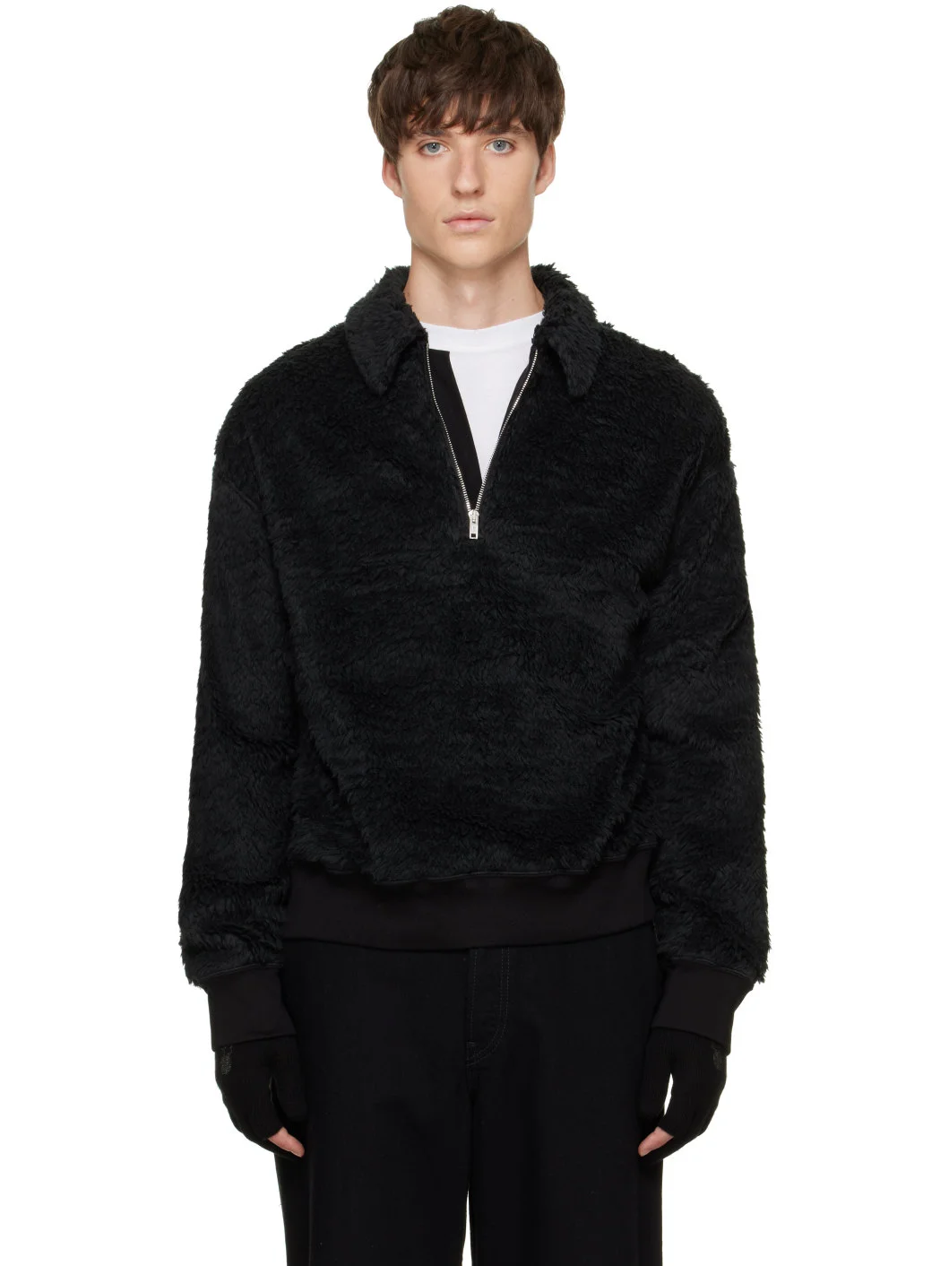 Black Shaggy Half-Zip Polo - 1