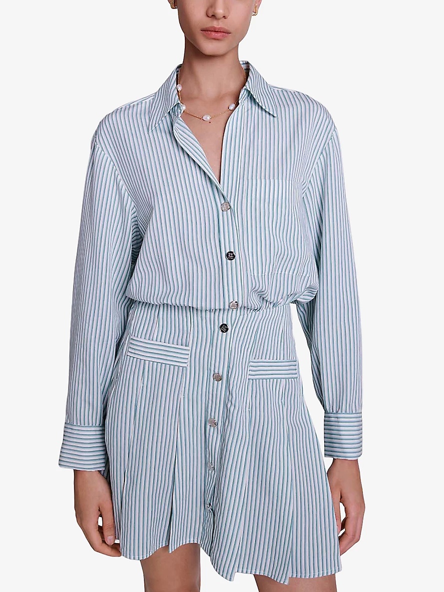 Stripe-print pleated woven shirt dress - 3