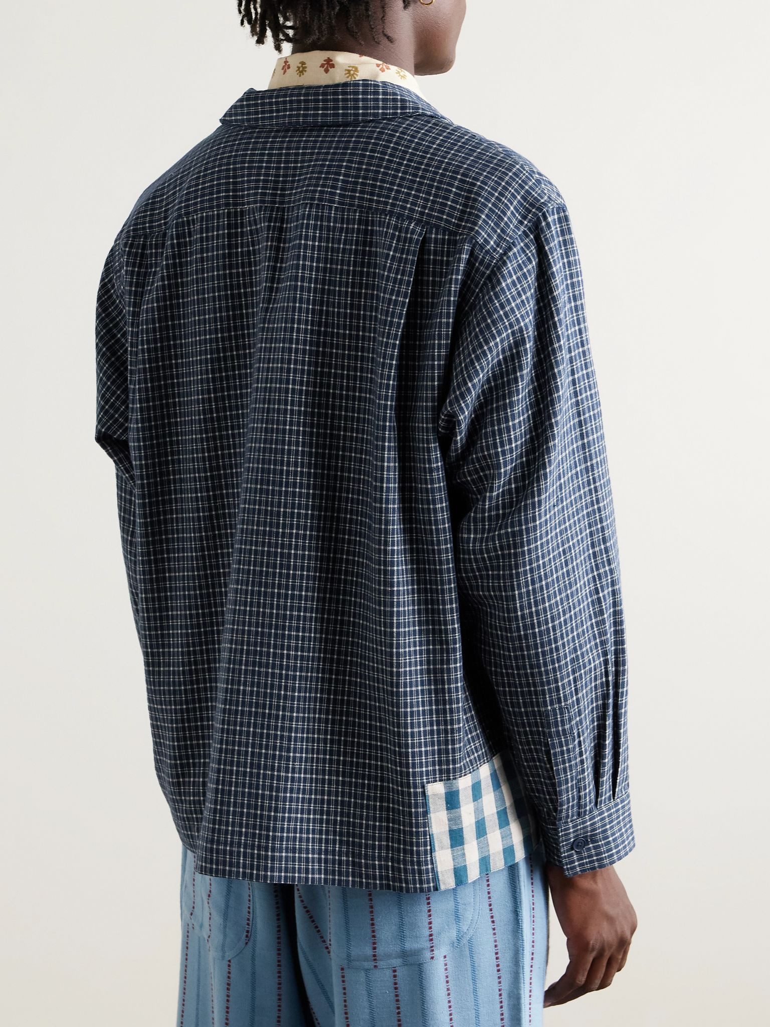PA Camp-Collar Patchwork Checked Organic Cotton Shirt Blue - 3
