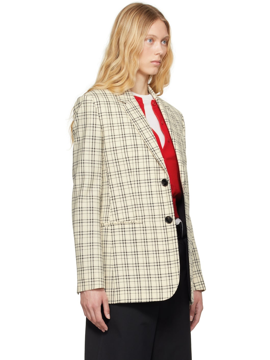 Beige Checked Wool Semi-Lined Blazer - 2