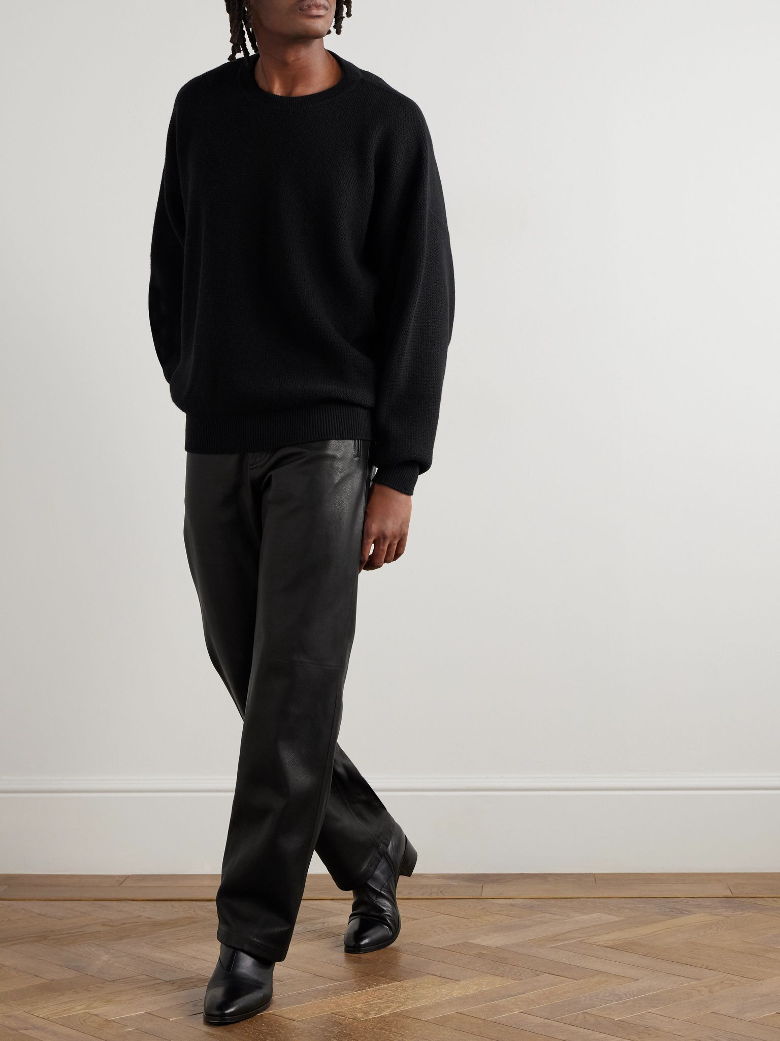 Straight-Leg Full-Grain Leather Trousers Black - 2