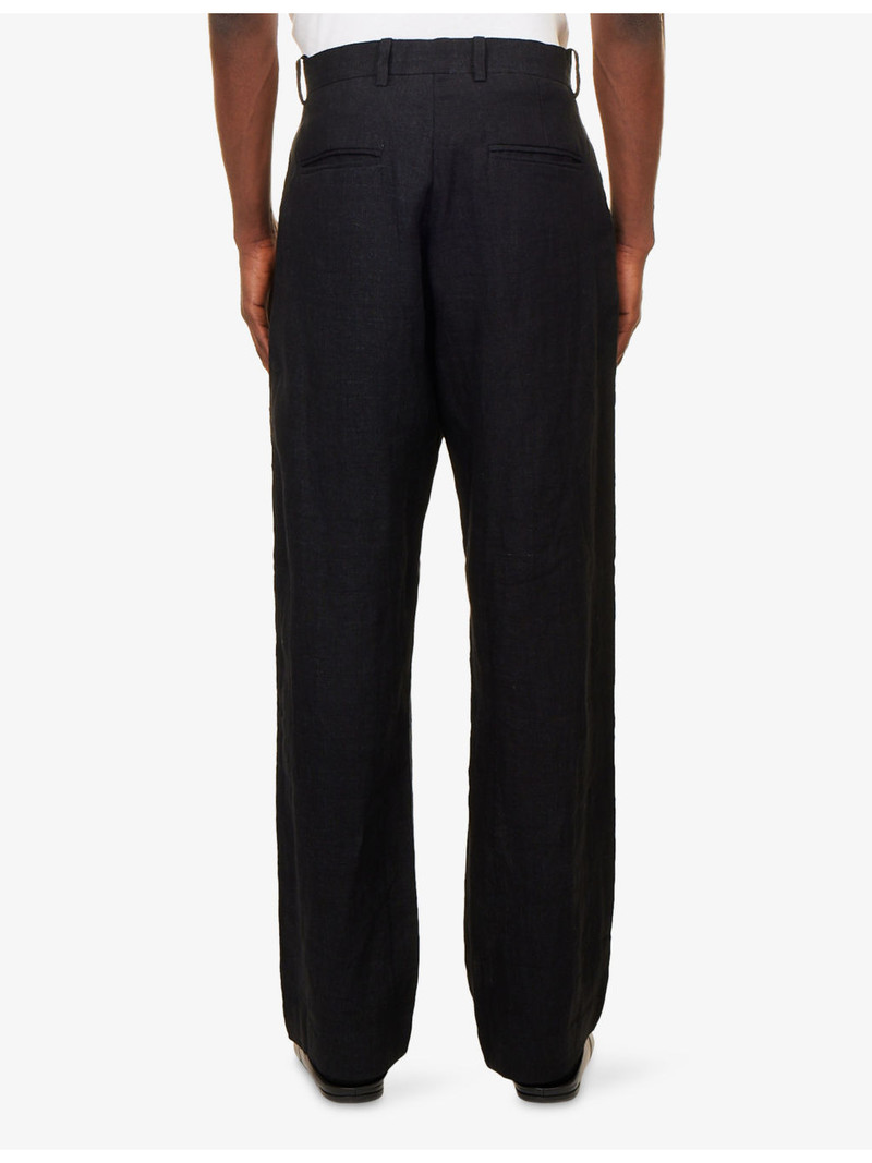 Contrast-Embroidered Wide-Leg Linen Trousers 4