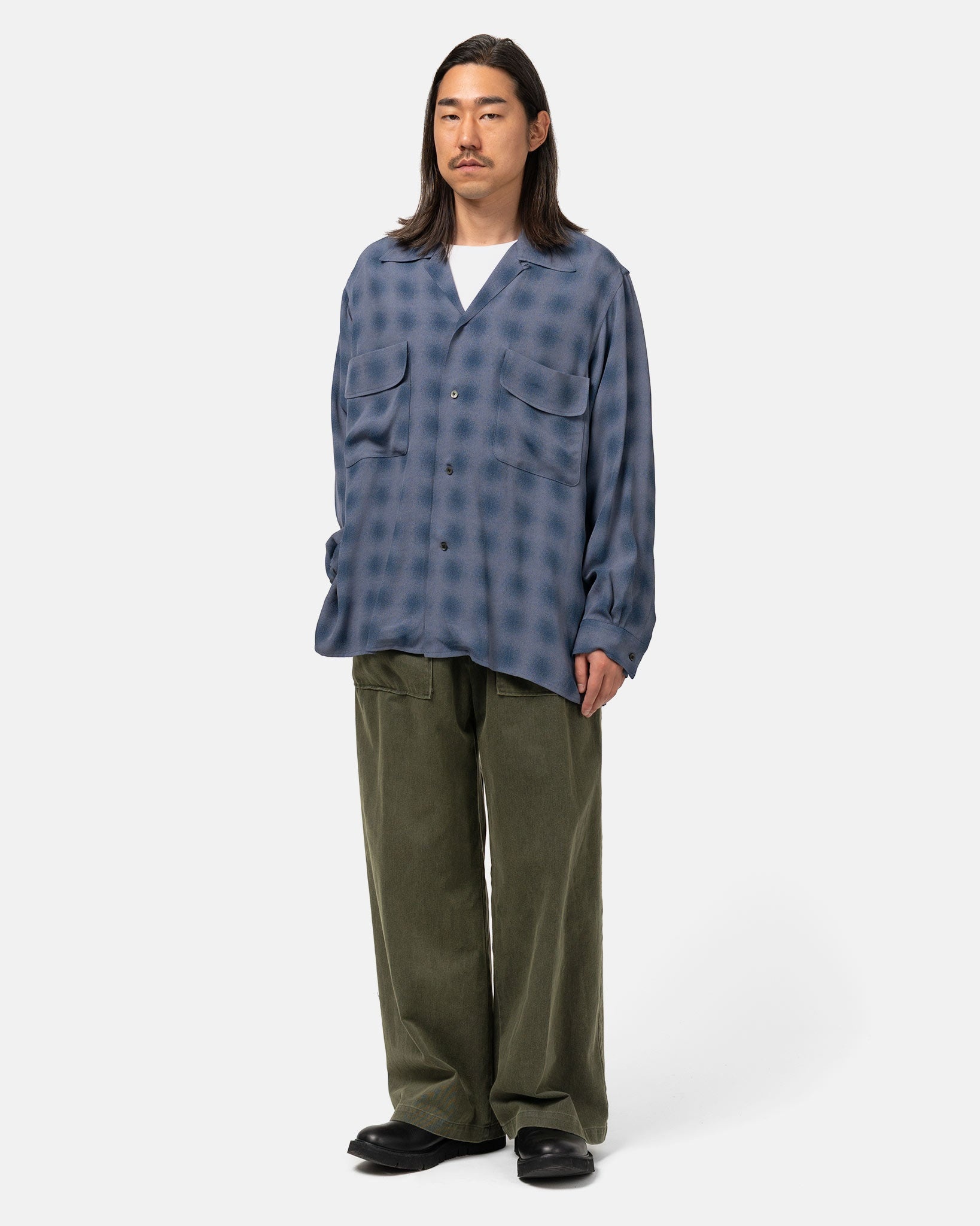 Blurred Ombre Plaid Open Collar Shirt Navy - 2