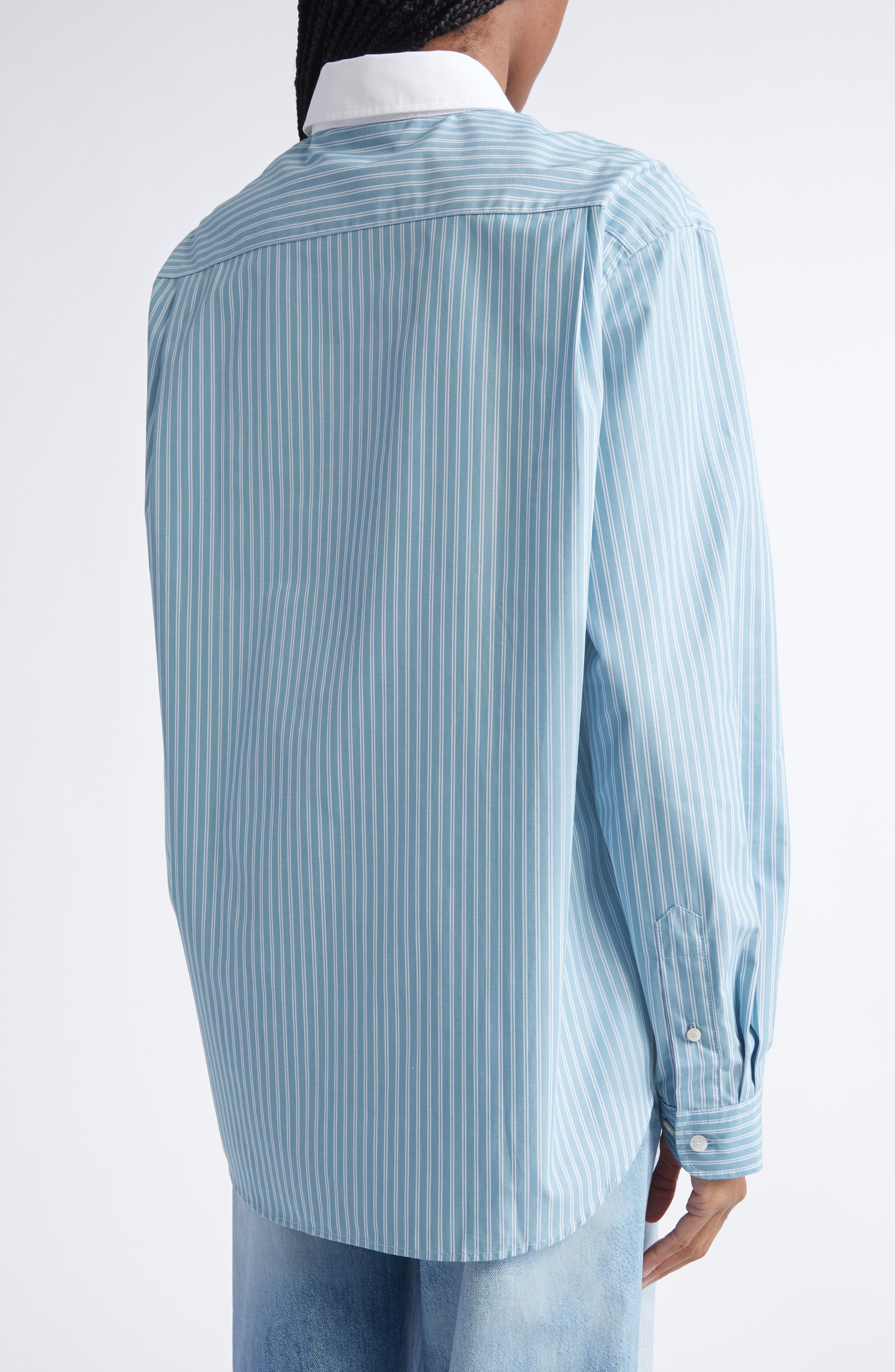 Acne Studios Sunnie Stripe Organic Cotton Poplin Button-Up Shirt in Turquoise Blue at Nordstrom - 3