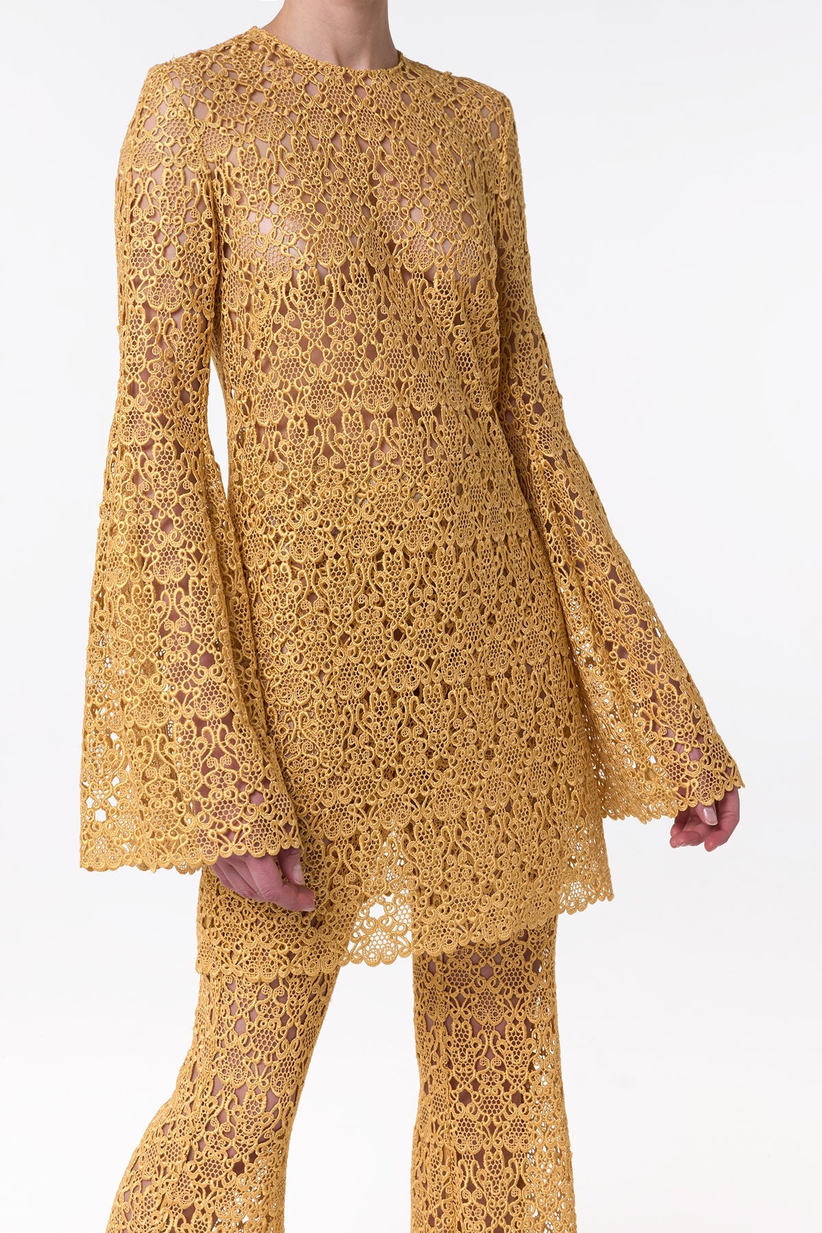 Archie Mini Dress with Lining in Gold Silk Macrame Lace - 6