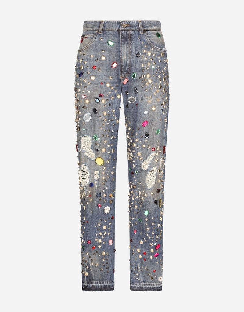 Oversize blue wash jeans with crystal and stud embellishment 1