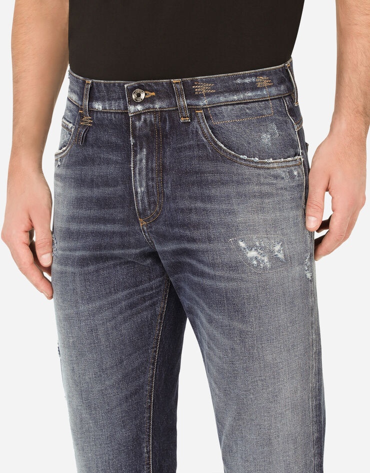 Blue wash regular-fit jeans with rips - 4