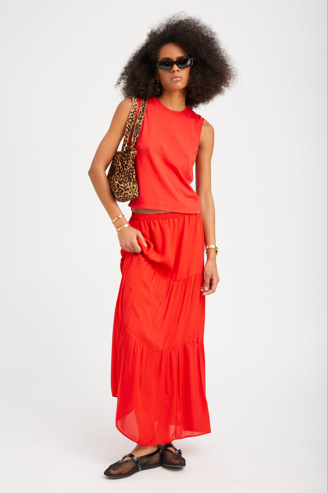 RED SILK TIERED MAXI SKIRT - 7