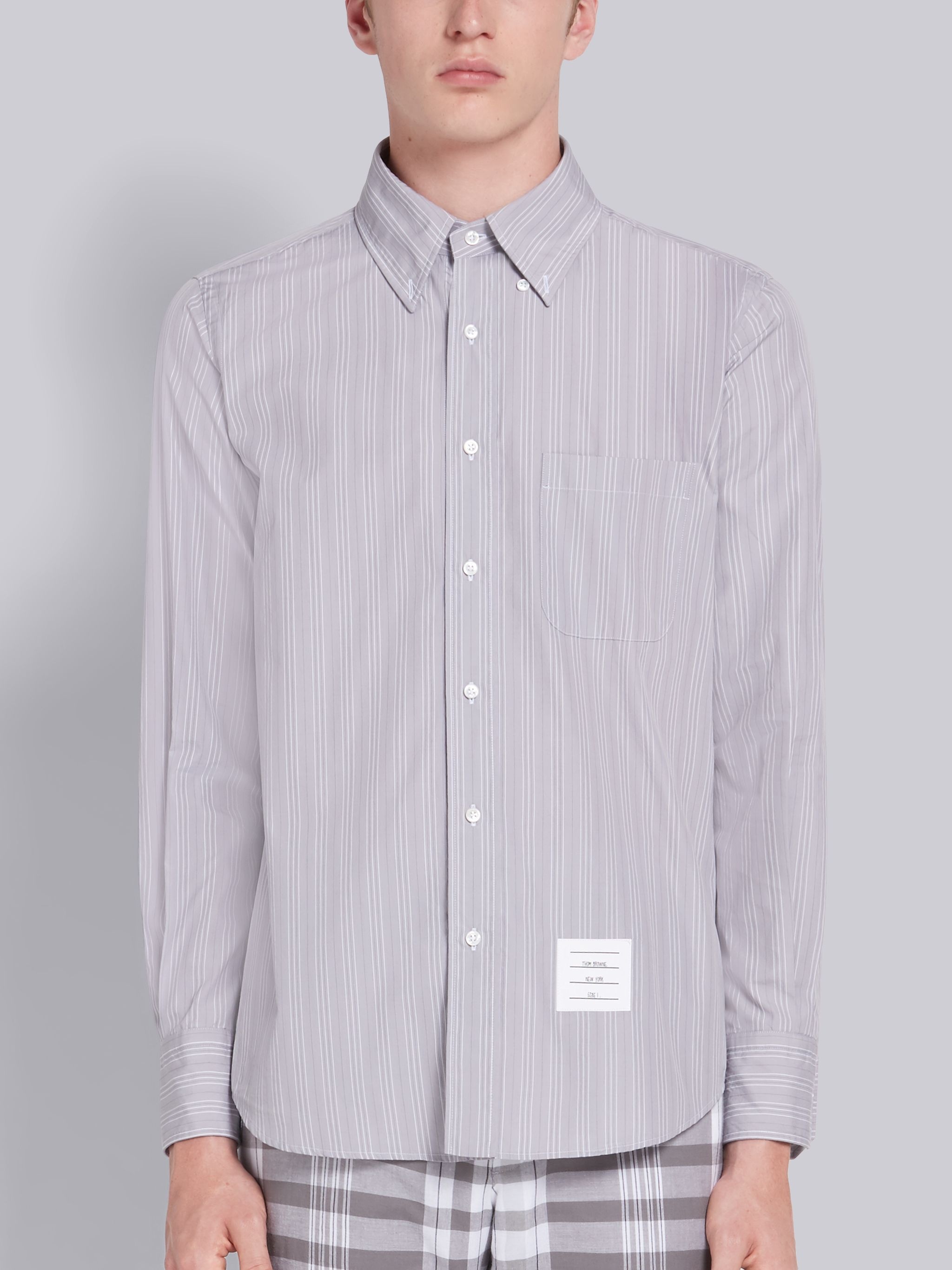 Medium Grey Poplin Hairline Stripe Long Sleeve Shirt - 3